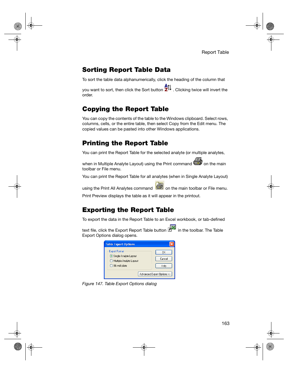 Sorting report table data, Copying the report table, Printing the report table | Exporting the report table | Bio-Rad Bio-Plex Software® Upgrades and Conversions User Manual | Page 175 / 260