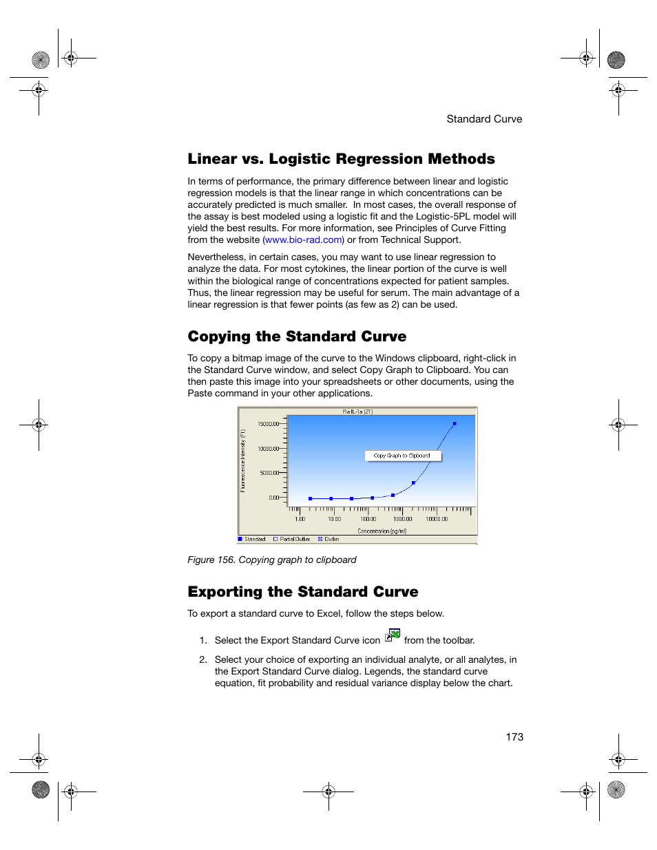Linear vs. logistic regression methods, Copying the standard curve, Exporting the standard curve | Bio-Rad Bio-Plex Software® Upgrades and Conversions User Manual | Page 185 / 260