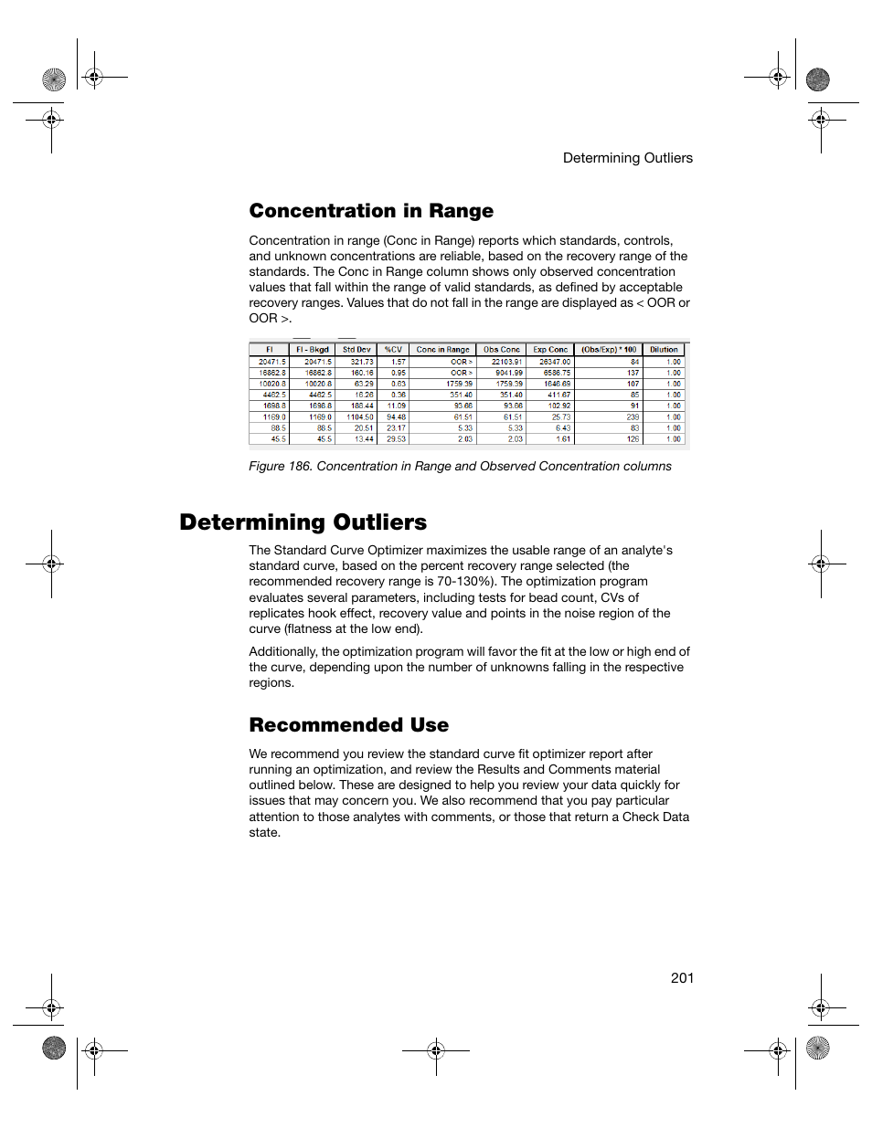 Concentration in range, Determining outliers, Recommended use | Bio-Rad Bio-Plex Software® Upgrades and Conversions User Manual | Page 213 / 260