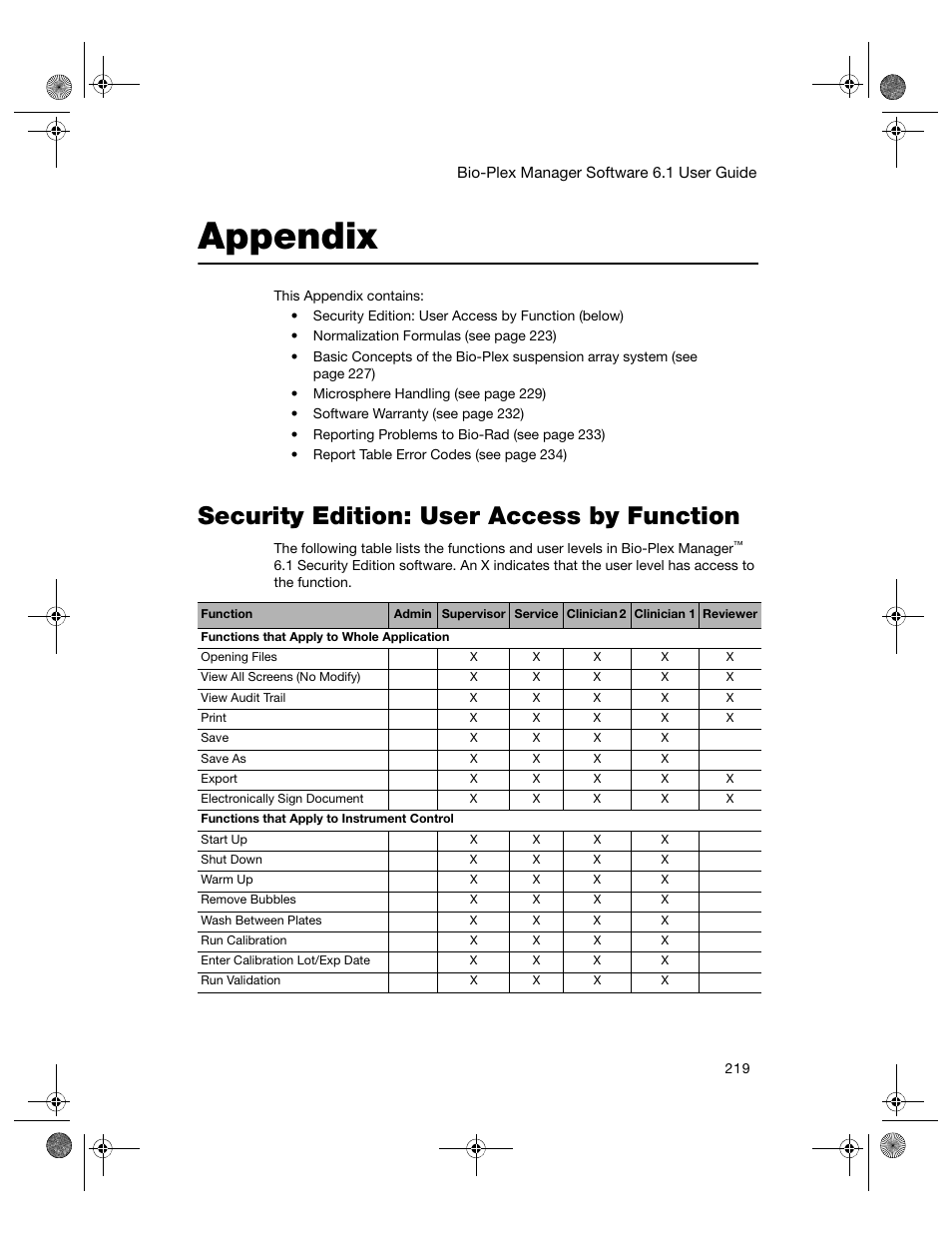 Appendix, Security edition: user access by function | Bio-Rad Bio-Plex Software® Upgrades and Conversions User Manual | Page 231 / 260