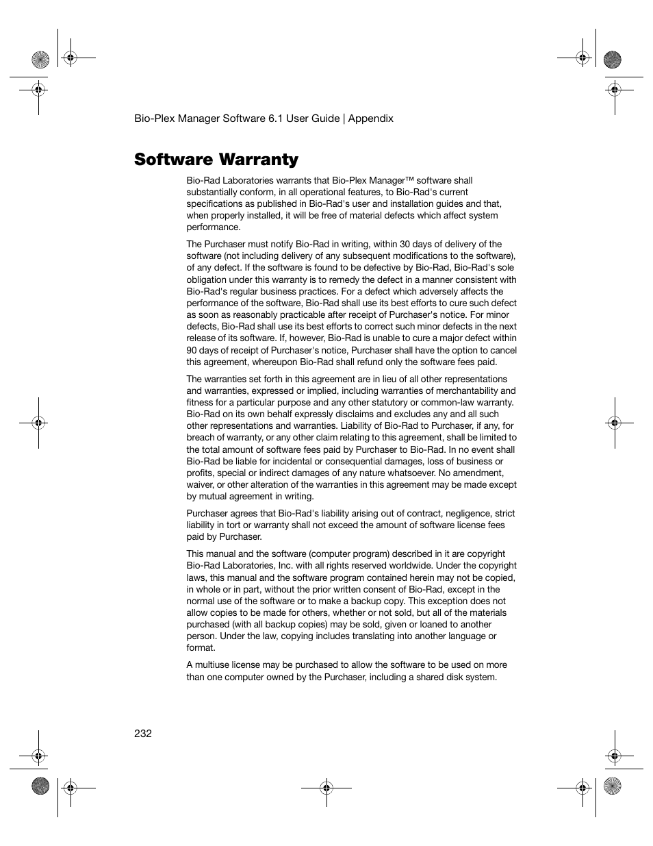 Software warranty | Bio-Rad Bio-Plex Software® Upgrades and Conversions User Manual | Page 244 / 260