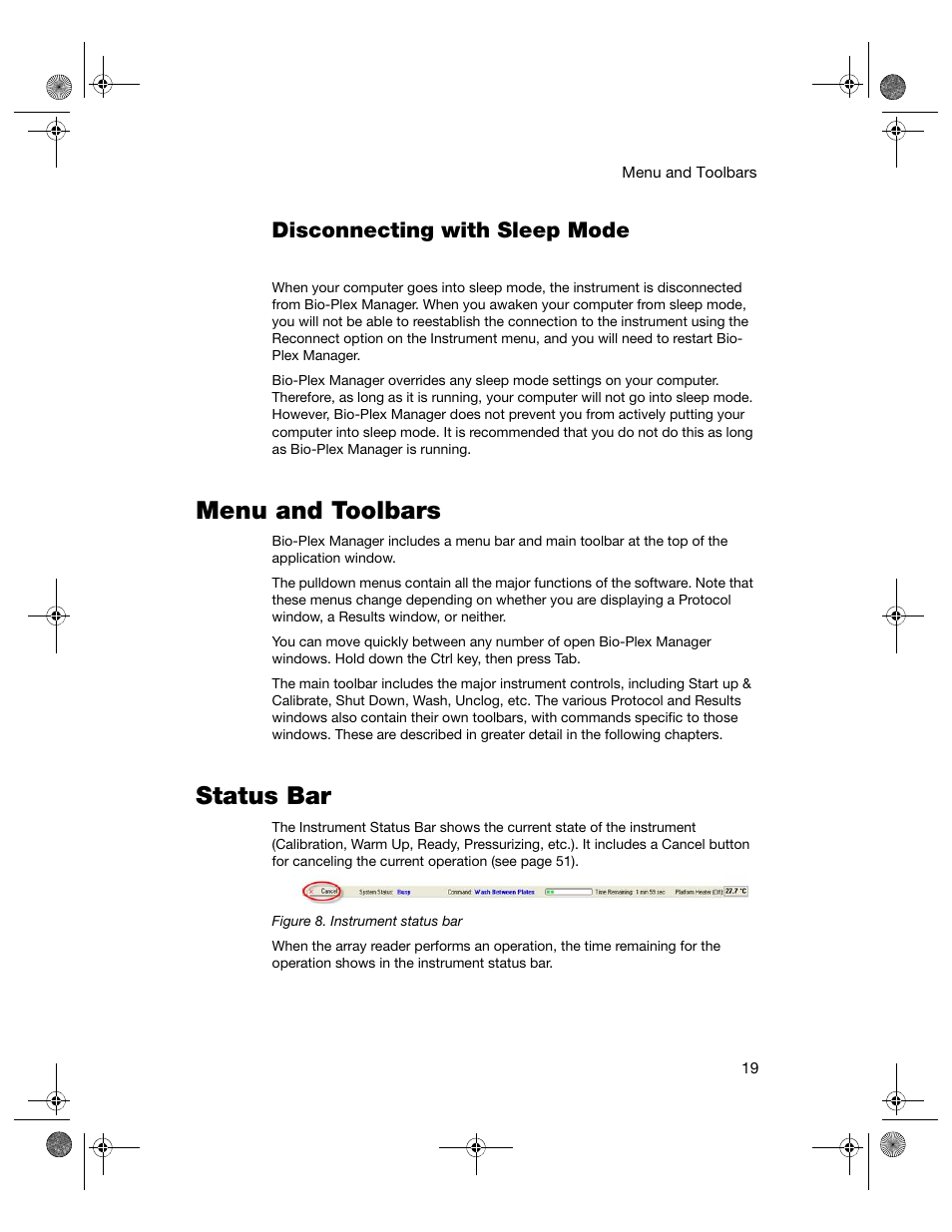 Disconnecting with sleep mode, Menu and toolbars, Status bar | Menu and toolbars status bar | Bio-Rad Bio-Plex Software® Upgrades and Conversions User Manual | Page 31 / 260