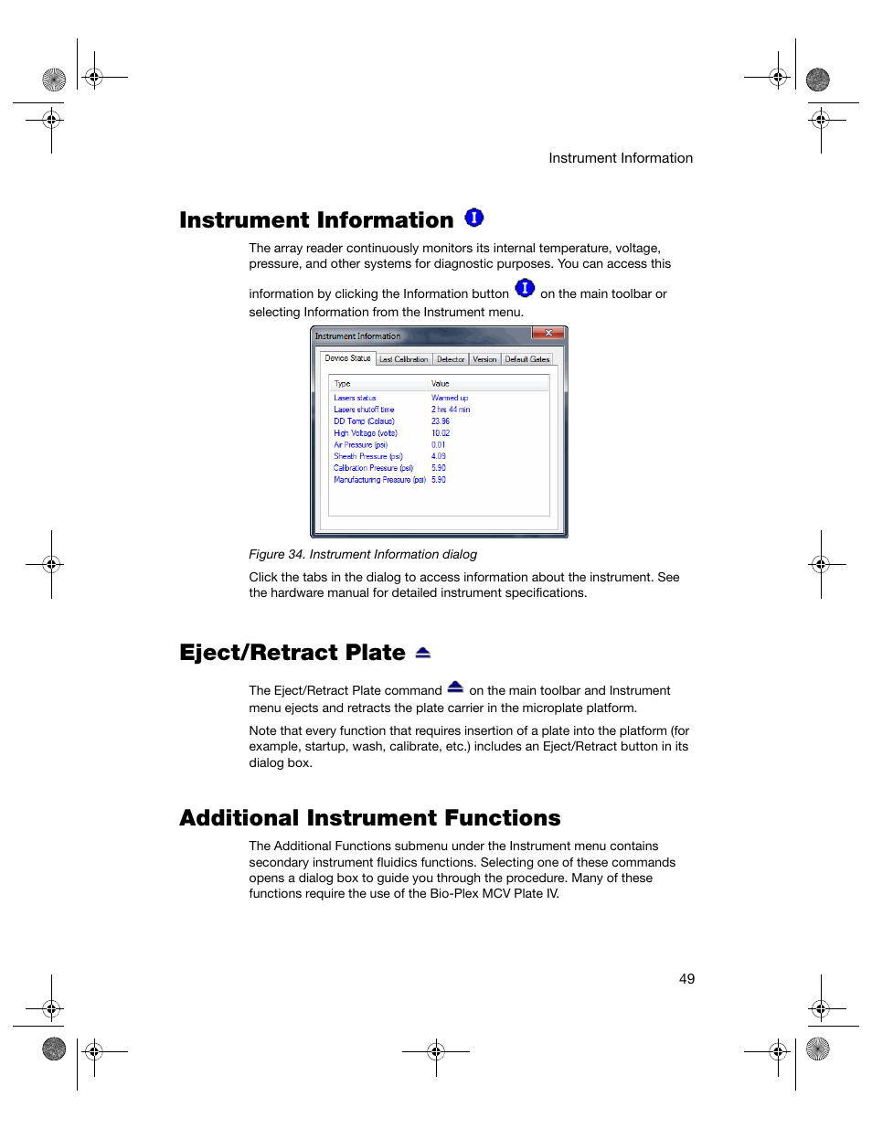 Instrument information, Eject/retract plate, Additional instrument functions | Bio-Rad Bio-Plex Software® Upgrades and Conversions User Manual | Page 61 / 260