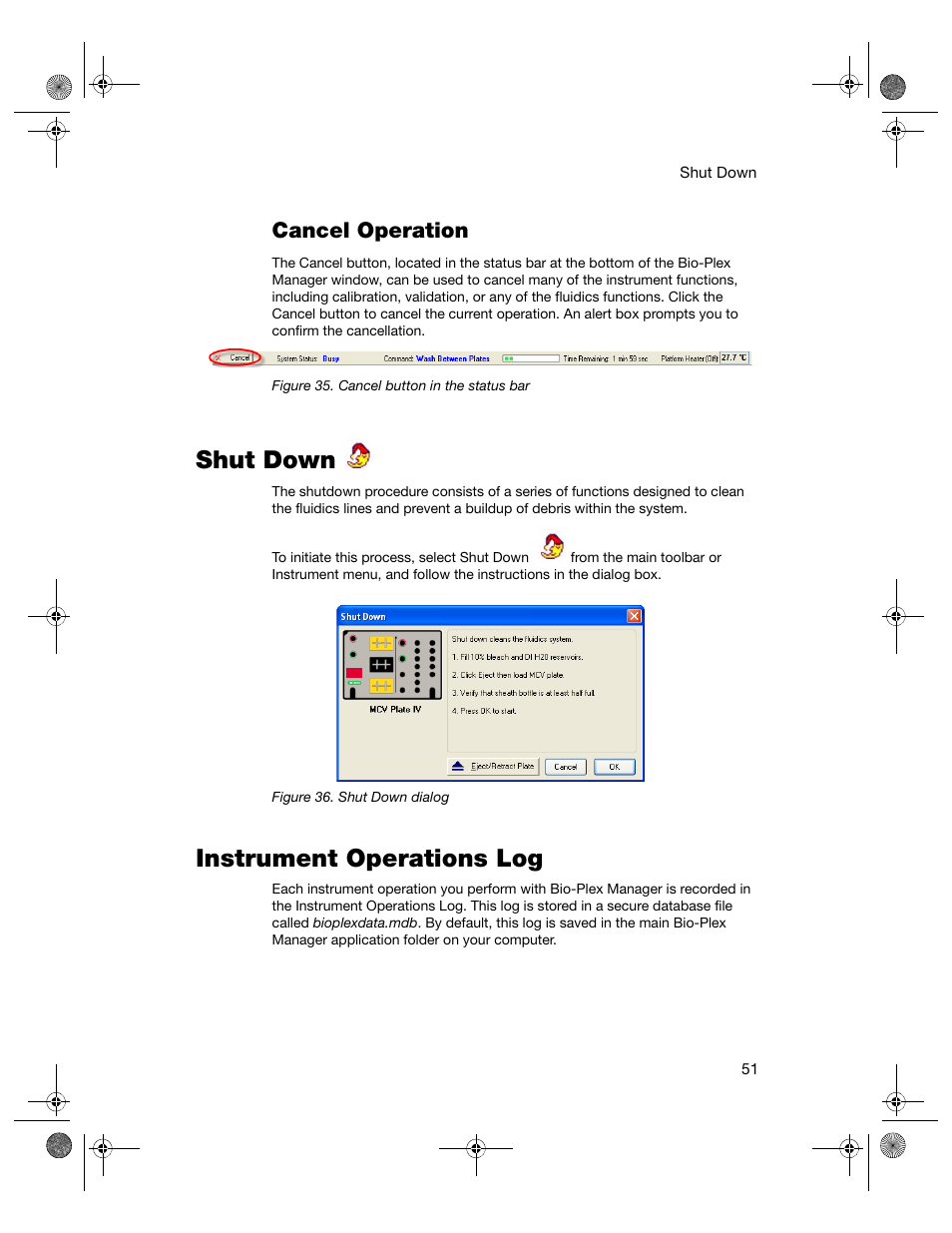 Cancel operation, Shut down, Instrument operations log | Shut down instrument operations log | Bio-Rad Bio-Plex Software® Upgrades and Conversions User Manual | Page 63 / 260