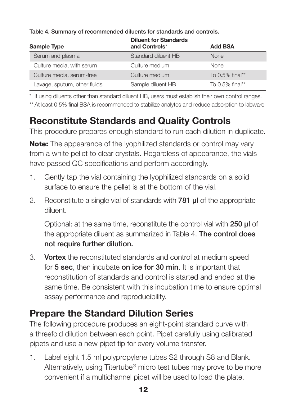 Reconstitute standards and quality controls, Prepare the standard dilution series | Bio-Rad Human Inflammation Assays User Manual | Page 14 / 42