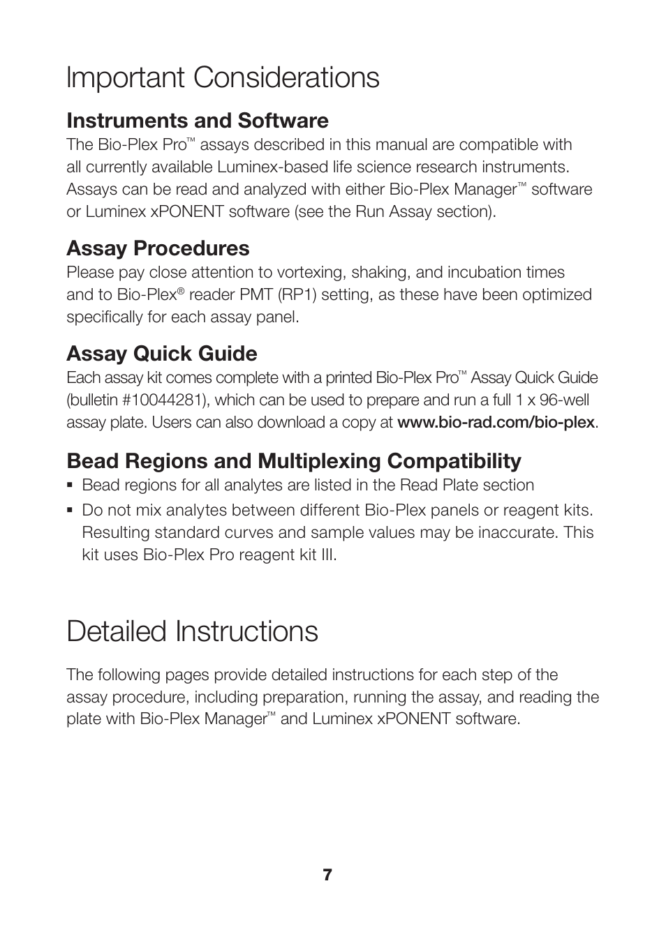Lmportant considerations, Detailed instructions, Instruments and software | Assay procedures, Assay quick guide, Bead regions and multiplexing compatibility | Bio-Rad Human Inflammation Assays User Manual | Page 9 / 42