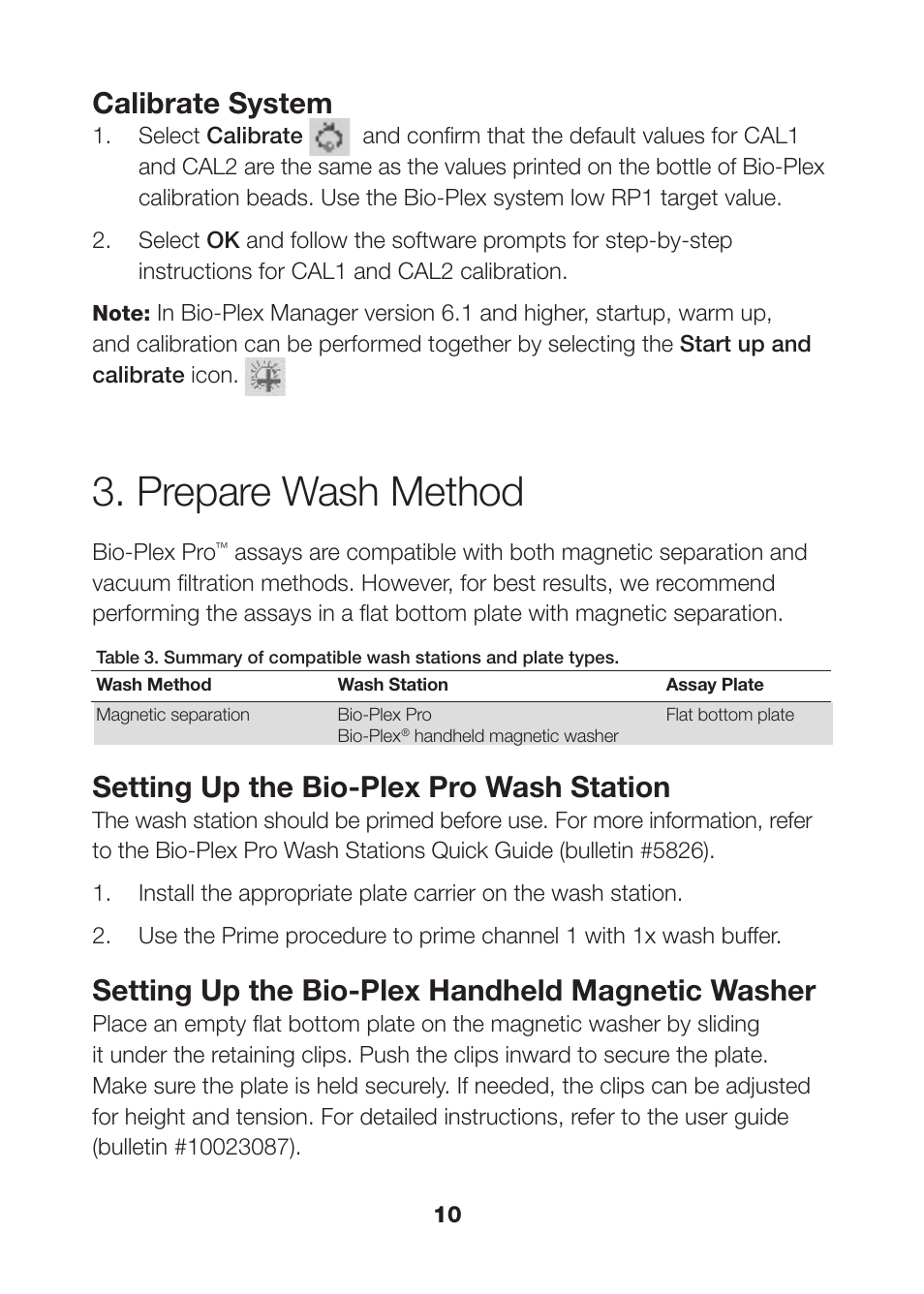 Prepare wash method, Calibrate system, Setting up the bio-plex pro wash station | Setting up the bio-plex handheld magnetic washer | Bio-Rad Human MMP and TIMP Assays User Manual | Page 12 / 42