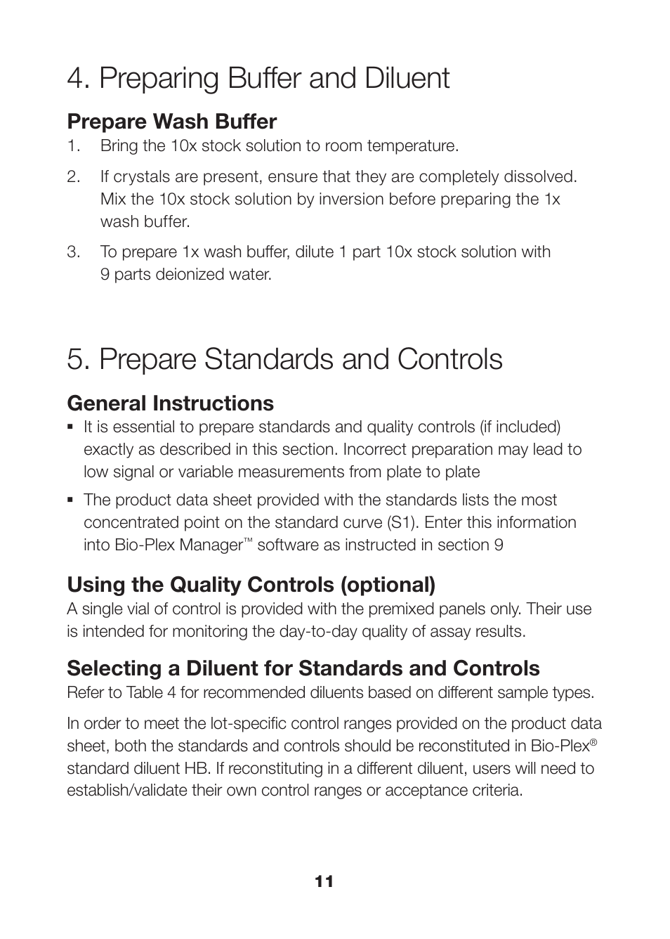 Preparing buffer and diluent, Prepare standards and controls, Prepare wash buffer | General instructions, Using the quality controls (optional), Selecting a diluent for standards and controls | Bio-Rad Human MMP and TIMP Assays User Manual | Page 13 / 42
