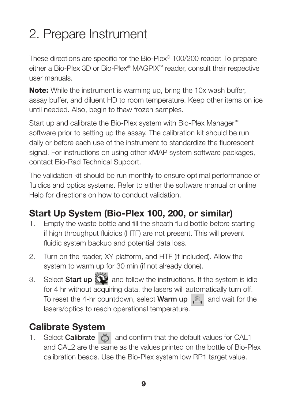 Prepare instrument, Prepare instrument 9, Calibrate system | Bio-Rad Human MMP and TIMP Assays User Manual | Page 11 / 39