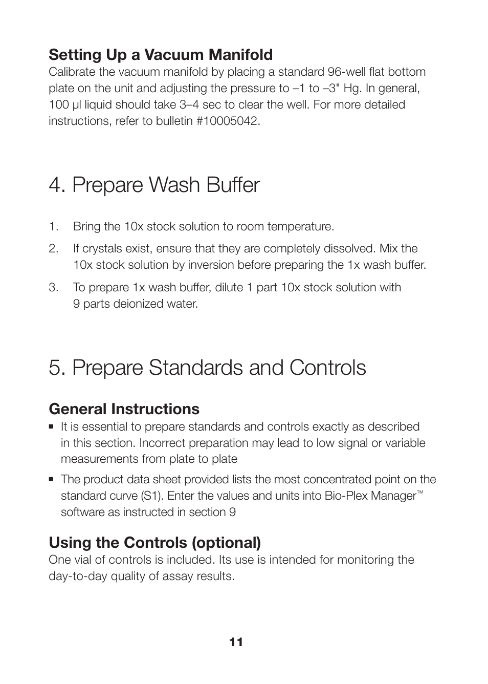 Prepare wash buffer, Prepare standards and controls, Prepare wash buffer 11 | Prepare standards and controls 11, Setting up a vacuum manifold, General instructions, Using the controls (optional) | Bio-Rad Human MMP and TIMP Assays User Manual | Page 13 / 39