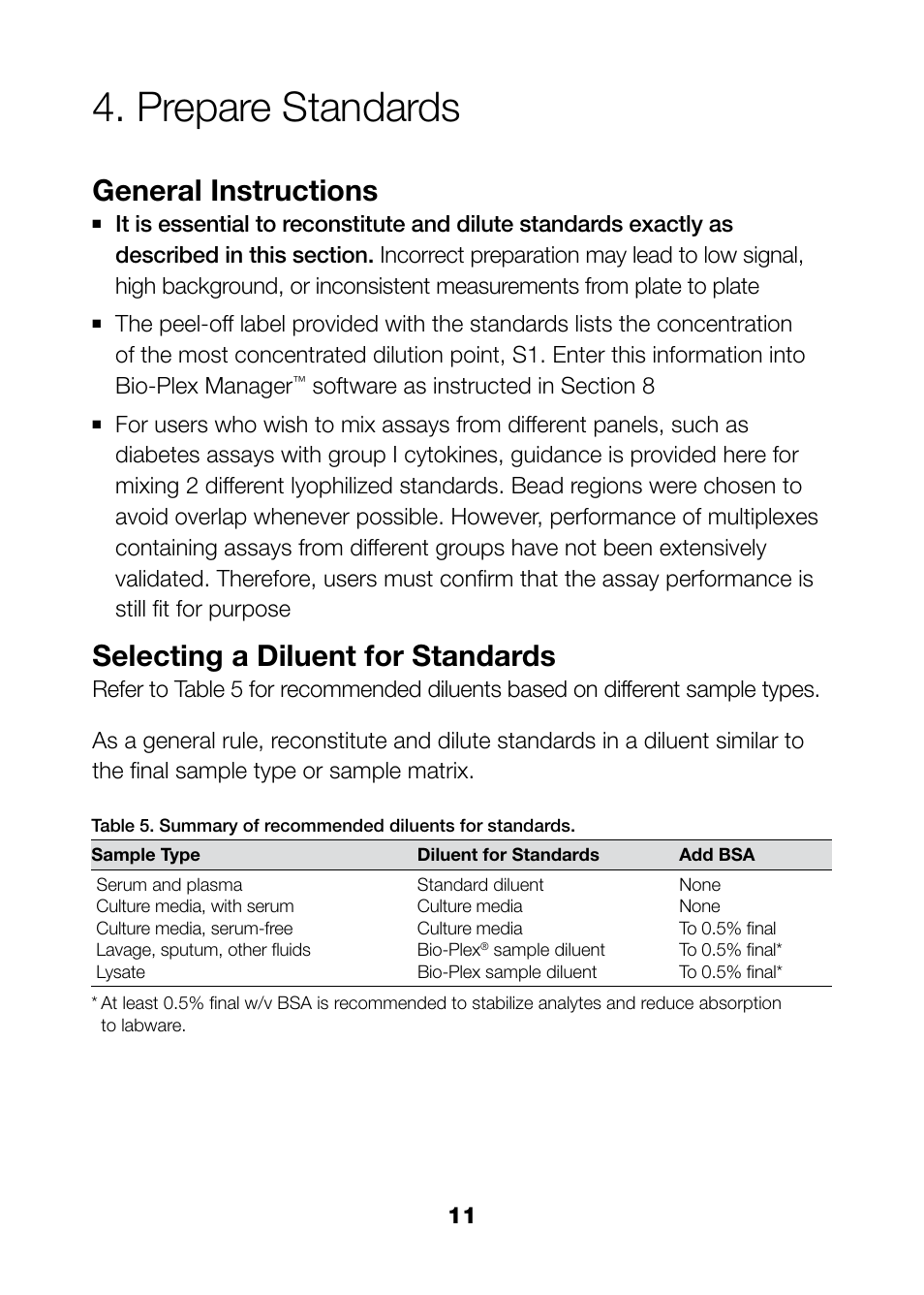 Prepare standards, General instructions, Selecting a diluent for standards | Bio-Rad Bio-Plex Pro™ Rat Cytokine, Chemokine, and Growth Factor Assays User Manual | Page 13 / 49