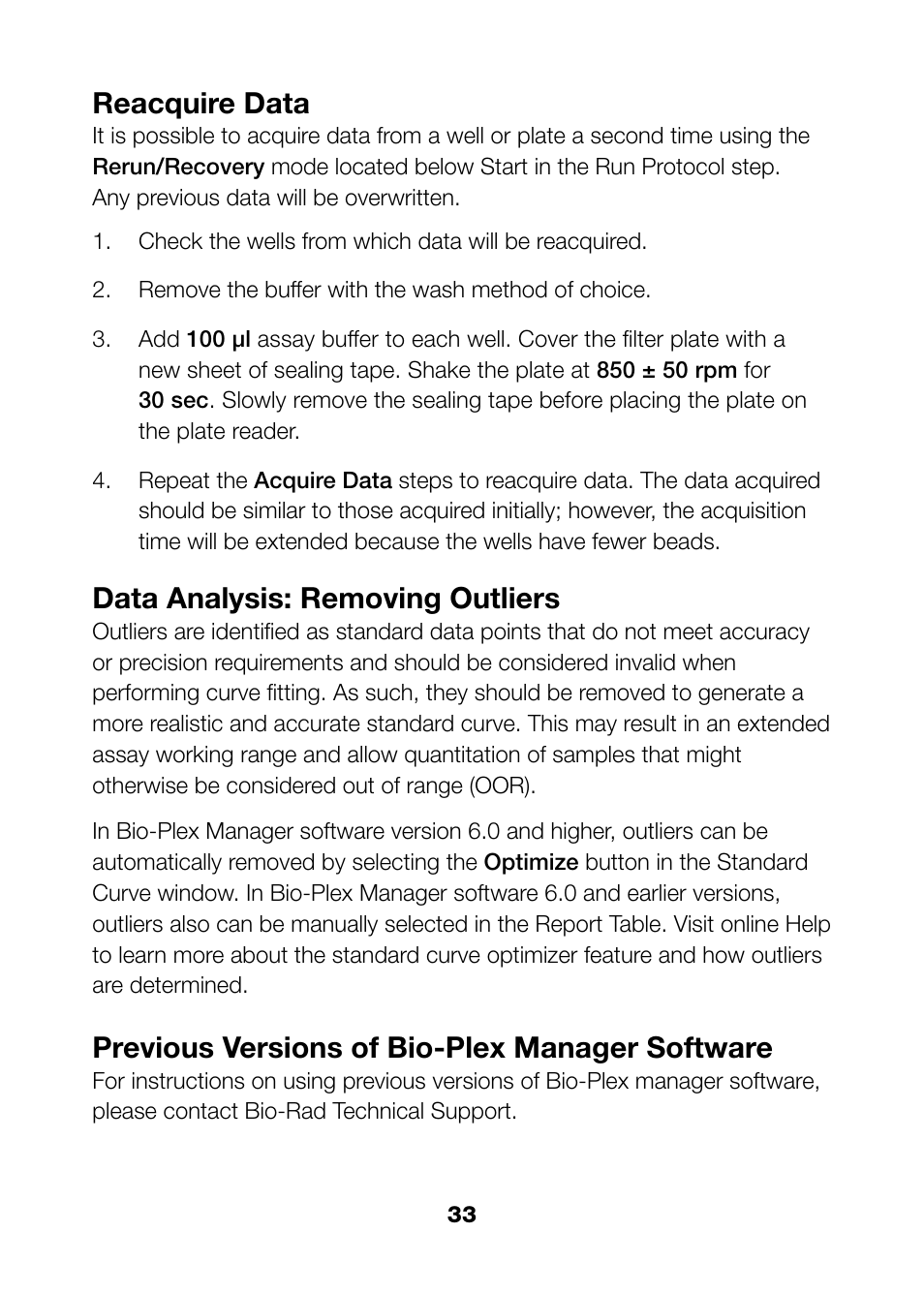 Reacquire data, Data analysis: removing outliers, Previous versions of bio-plex manager software | Bio-Rad Bio-Plex Pro™ Rat Cytokine, Chemokine, and Growth Factor Assays User Manual | Page 35 / 49