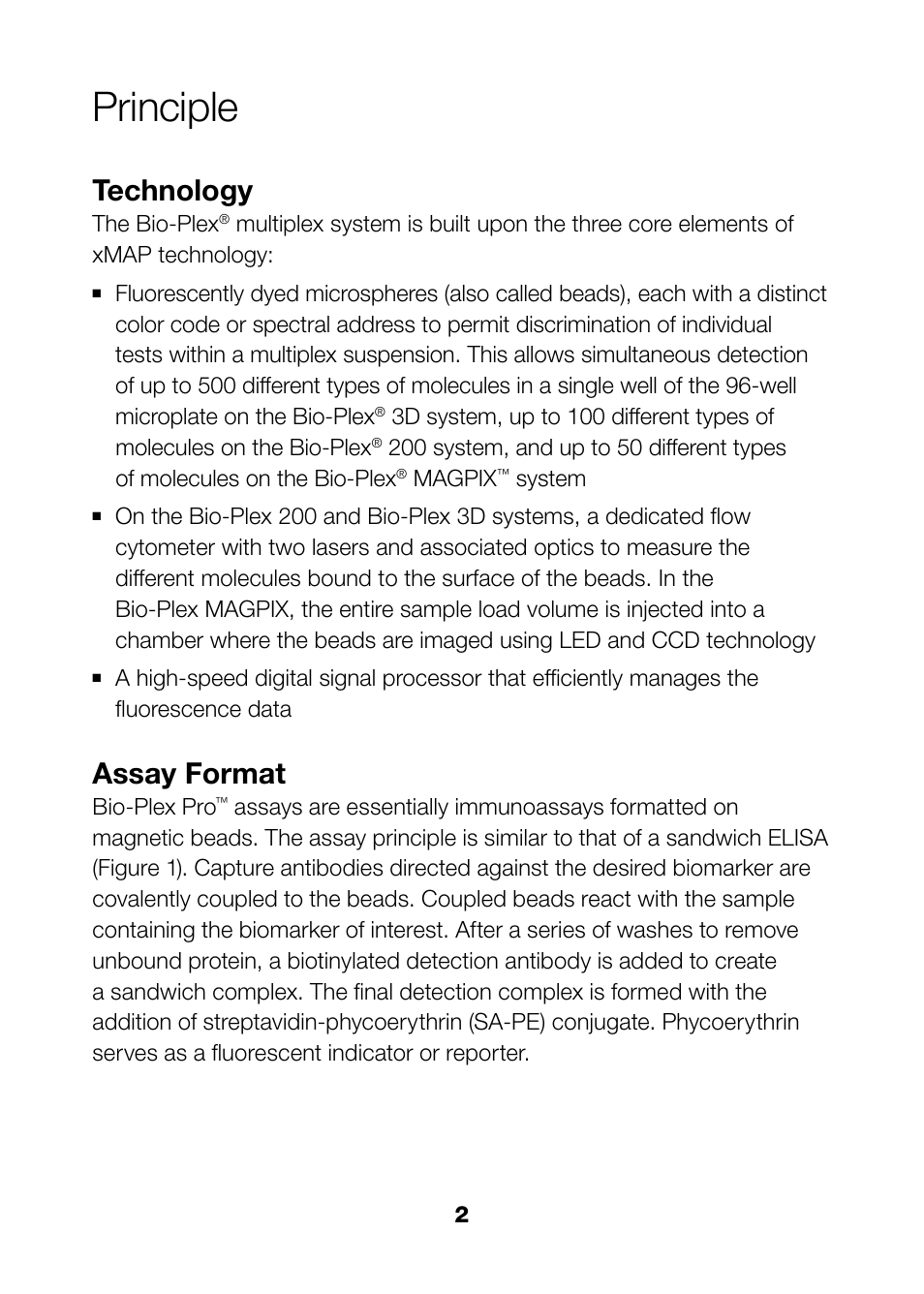 Principle, Principle 2, Technology | Assay format | Bio-Rad Bio-Plex Pro™ Rat Cytokine, Chemokine, and Growth Factor Assays User Manual | Page 4 / 49