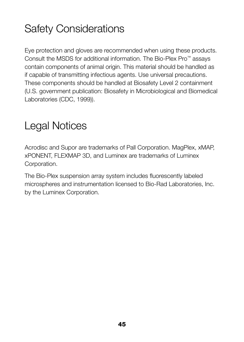 Safety considerations, Legal notices | Bio-Rad Bio-Plex Pro™ Rat Cytokine, Chemokine, and Growth Factor Assays User Manual | Page 47 / 49