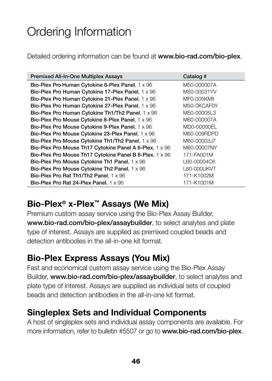 Ordering information, Bio-plex, X-plex | Assays (we mix), Bio-plex express assays (you mix), Singleplex sets and individual components | Bio-Rad Bio-Plex Pro™ Rat Cytokine, Chemokine, and Growth Factor Assays User Manual | Page 48 / 49