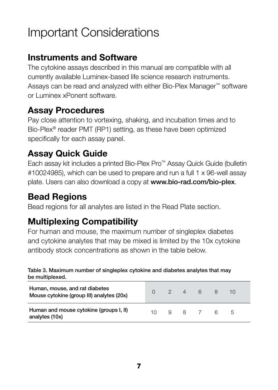 Important considerations, Instruments and software, Assay procedures | Assay quick guide, Bead regions, Multiplexing compatibility | Bio-Rad Bio-Plex Pro™ Rat Cytokine, Chemokine, and Growth Factor Assays User Manual | Page 9 / 49