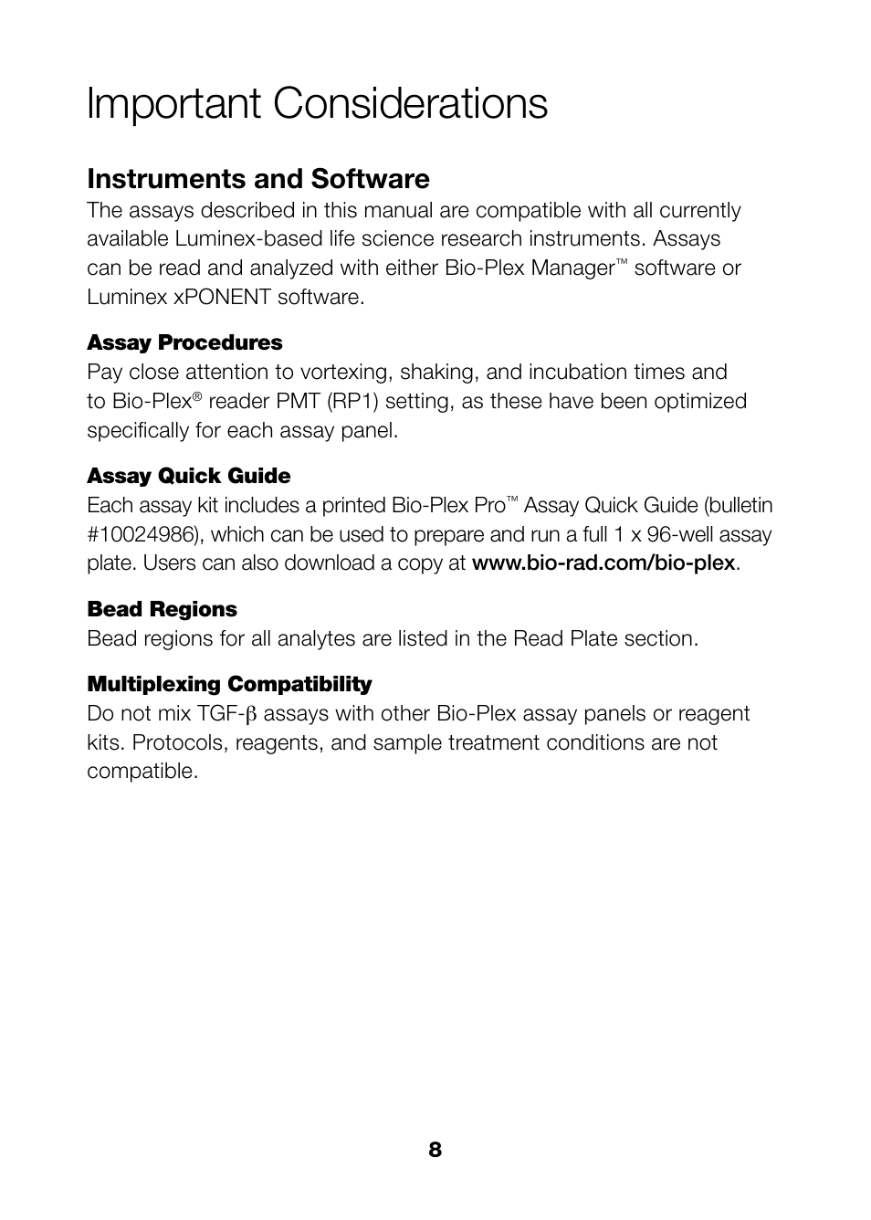 Lmportant considerations, Instruments and software | Bio-Rad Bio-Plex Pro™ TGF-β Assays User Manual | Page 10 / 43