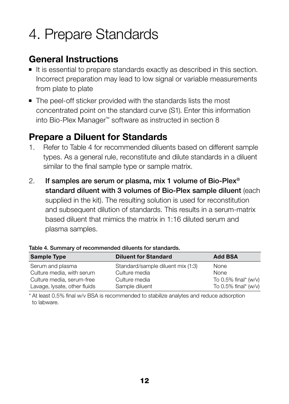 Prepare standards, General instructions, Prepare a diluent for standards | Bio-Rad Bio-Plex Pro™ TGF-β Assays User Manual | Page 14 / 43