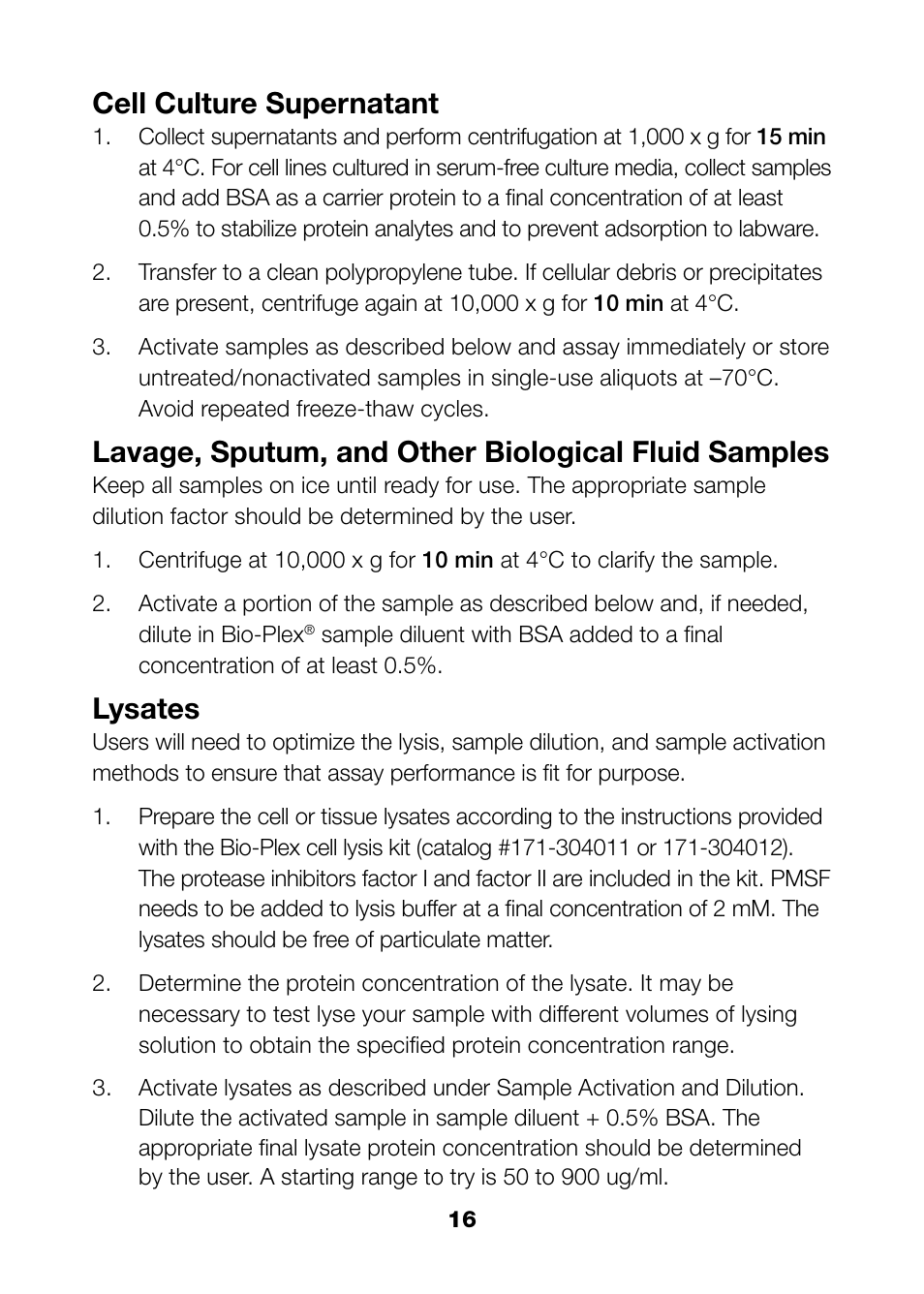 Cell culture supernatant, Lavage, sputum, and other biological fluid samples, Lysates | Bio-Rad Bio-Plex Pro™ TGF-β Assays User Manual | Page 18 / 43