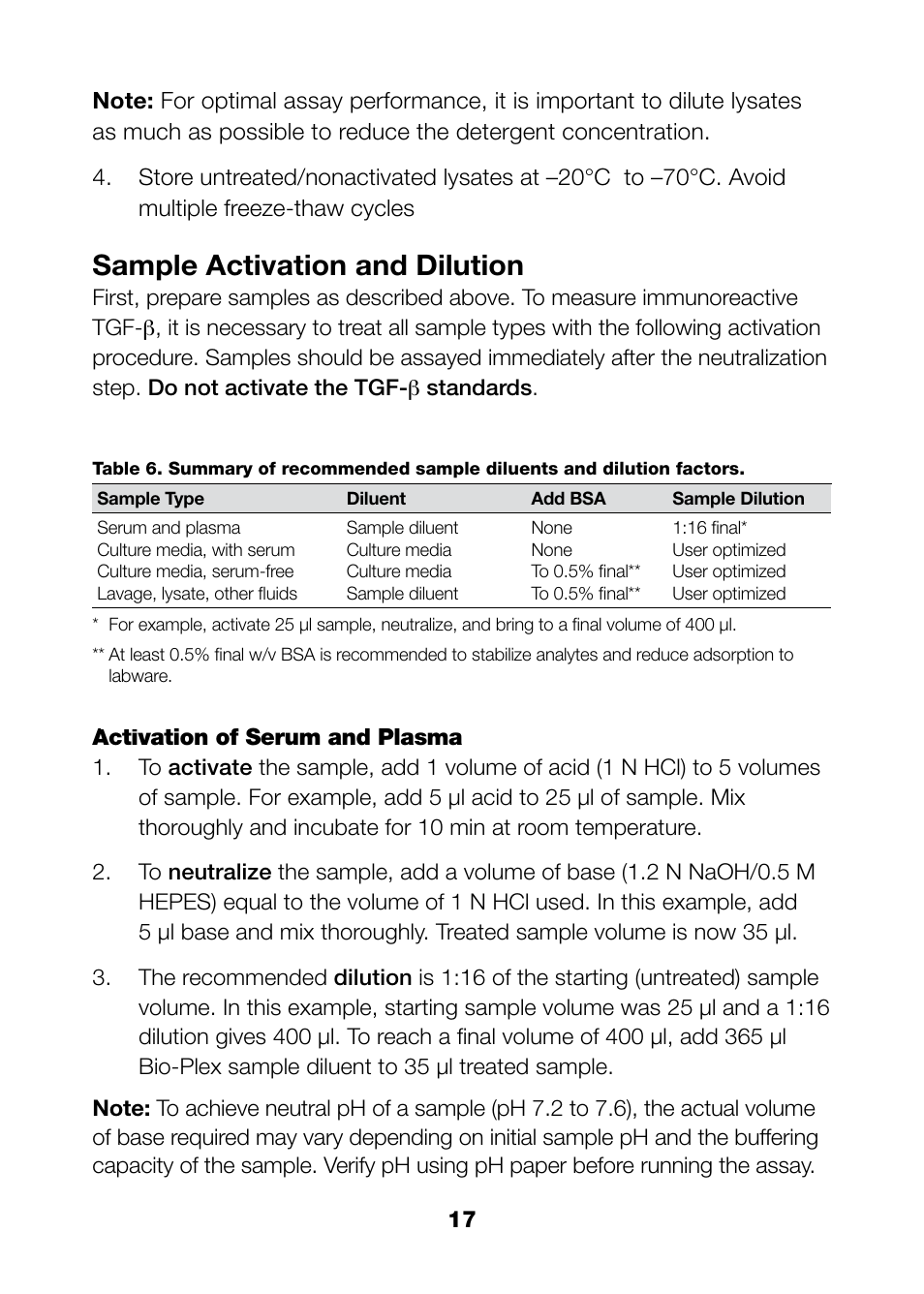 Sample activation and dilution | Bio-Rad Bio-Plex Pro™ TGF-β Assays User Manual | Page 19 / 43