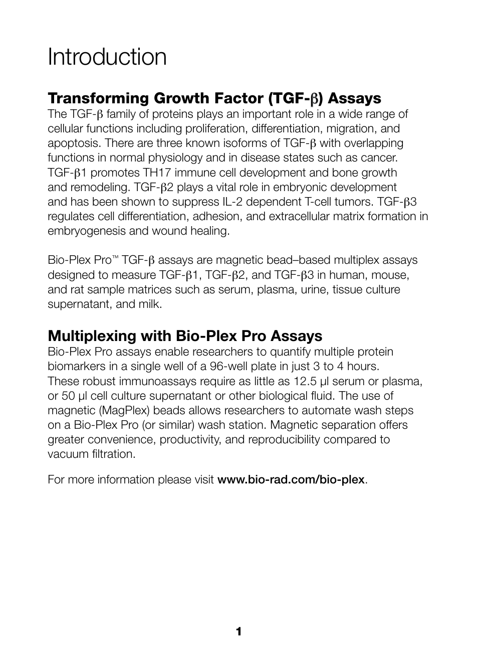 Introduction, Transforming growth factor (tgf- b ) assays, Multiplexing with bio-plex pro assays | Bio-Rad Bio-Plex Pro™ TGF-β Assays User Manual | Page 3 / 43