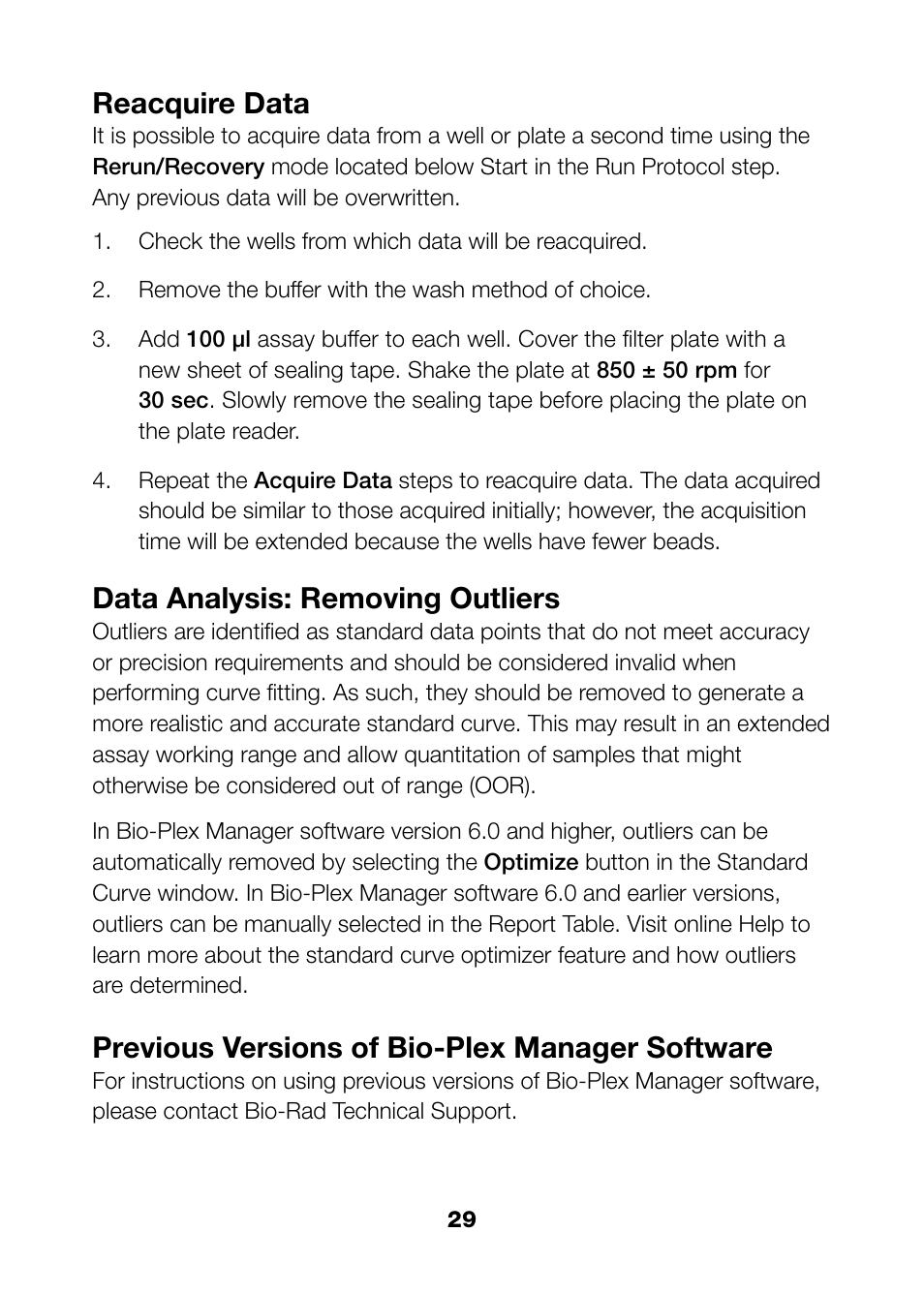 Reacquire data, Data analysis: removing outliers, Previous versions of bio-plex manager software | Bio-Rad Bio-Plex Pro™ TGF-β Assays User Manual | Page 31 / 43