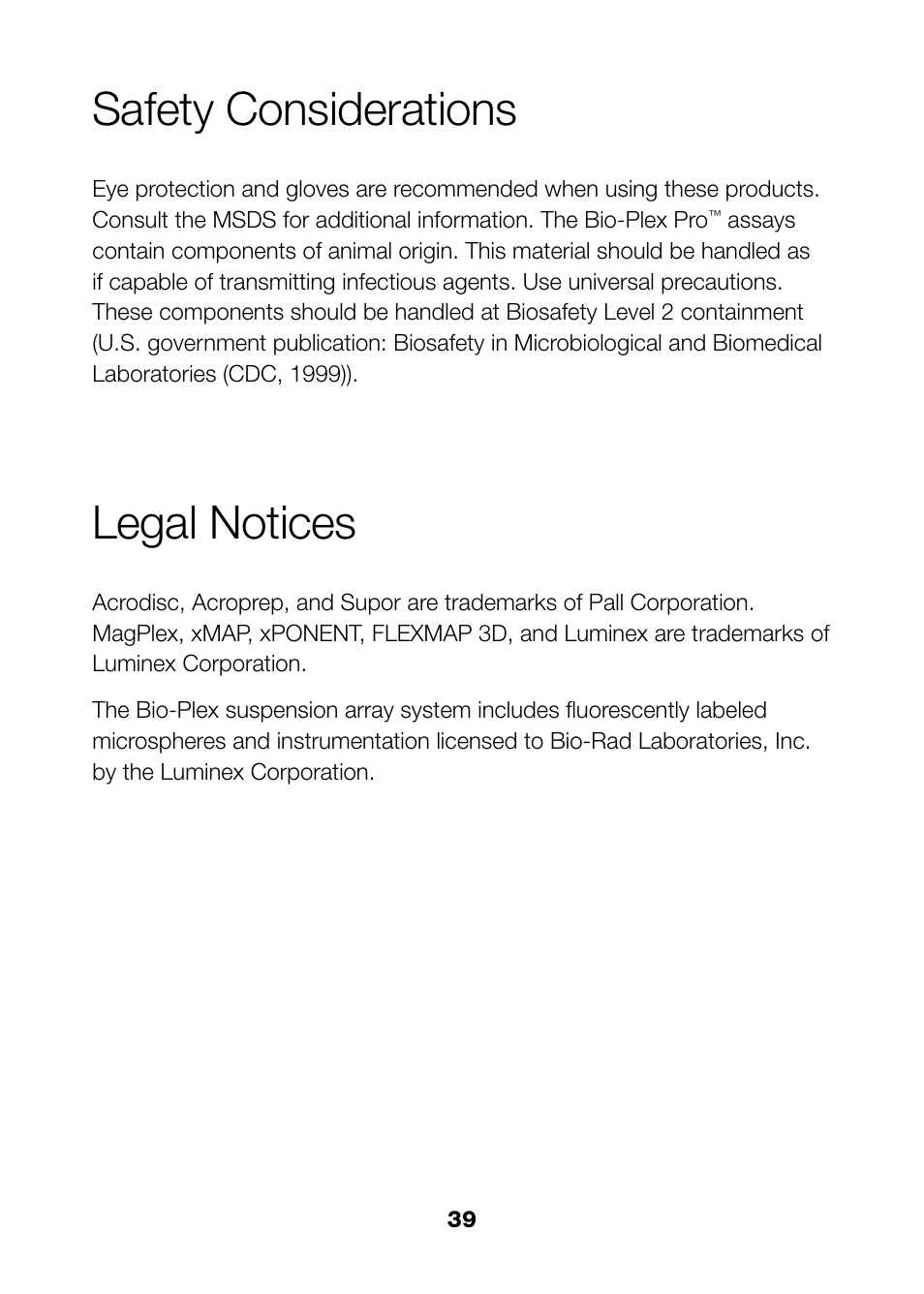 Safety considerations, Legal notices | Bio-Rad Bio-Plex Pro™ TGF-β Assays User Manual | Page 41 / 43