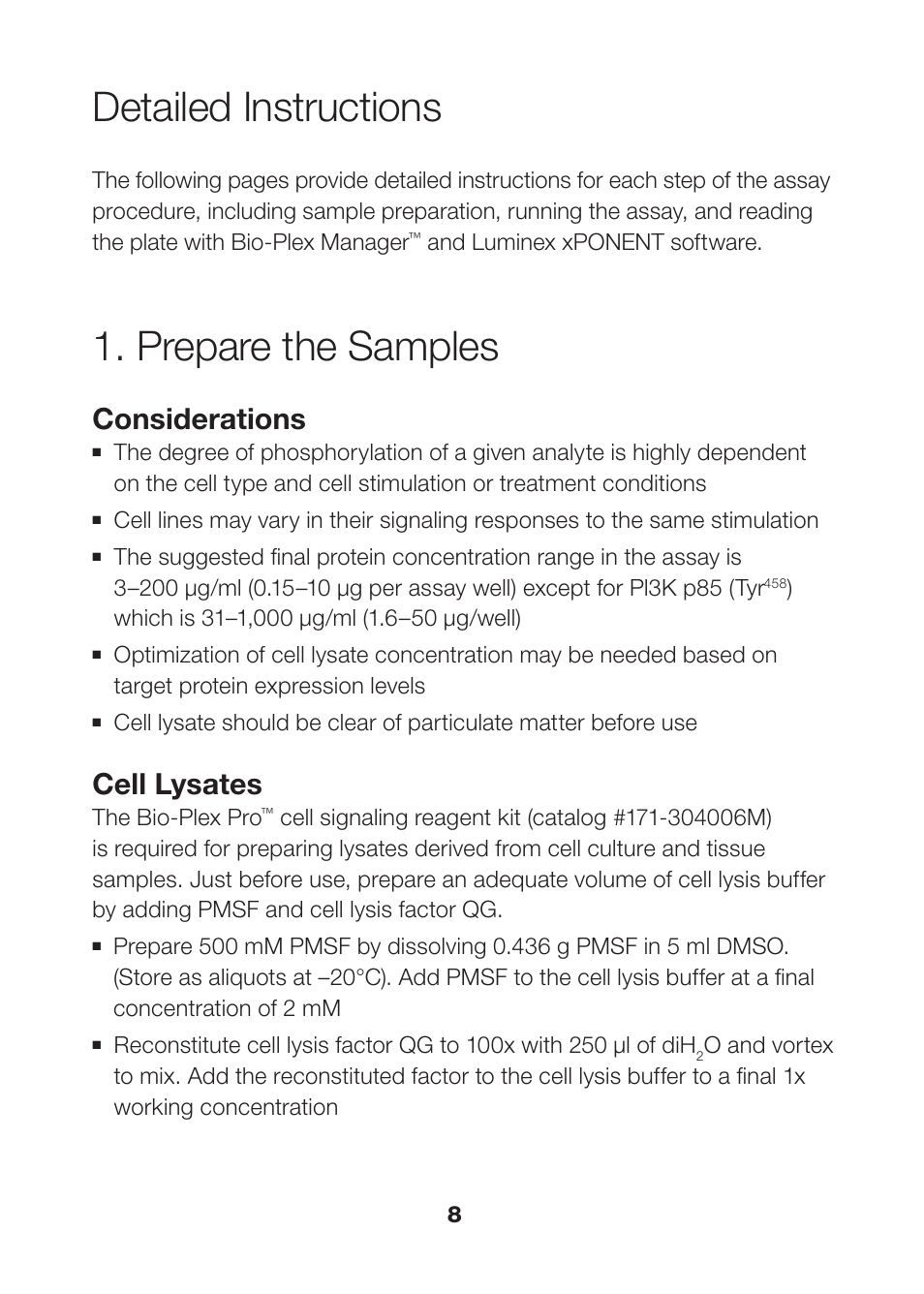 Detailed instructions, Prepare the samples, Prepare the samples 8 | Considerations, Cell lysates | Bio-Rad Bio-Plex Pro™ Magnetic Cell Signaling Assays User Manual | Page 10 / 38