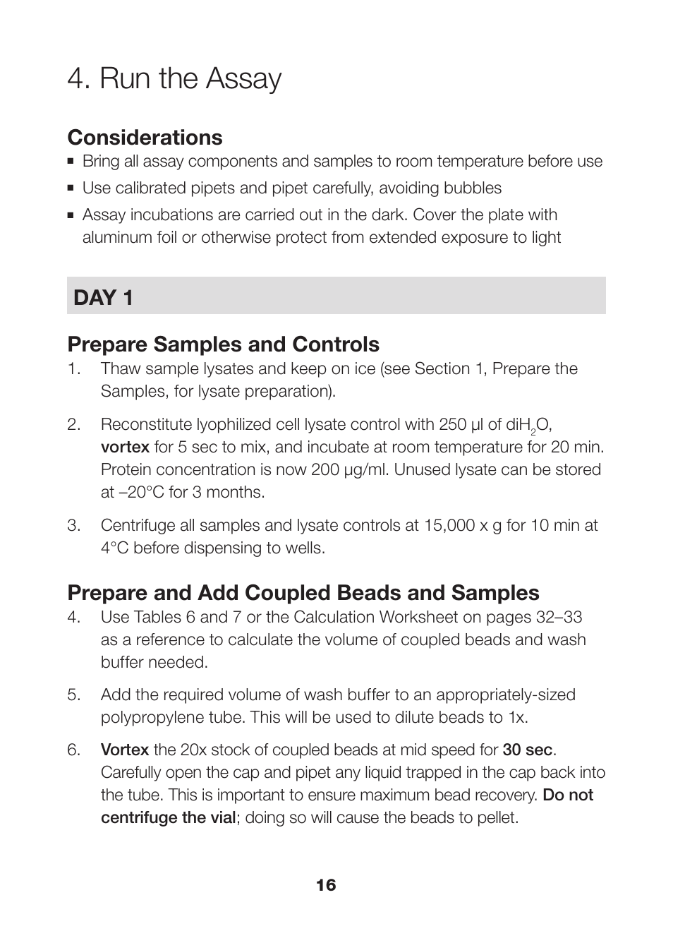Run the assay, Run the assay 16, Considerations | Day 1 prepare samples and controls, Prepare and add coupled beads and samples | Bio-Rad Bio-Plex Pro™ Magnetic Cell Signaling Assays User Manual | Page 18 / 38