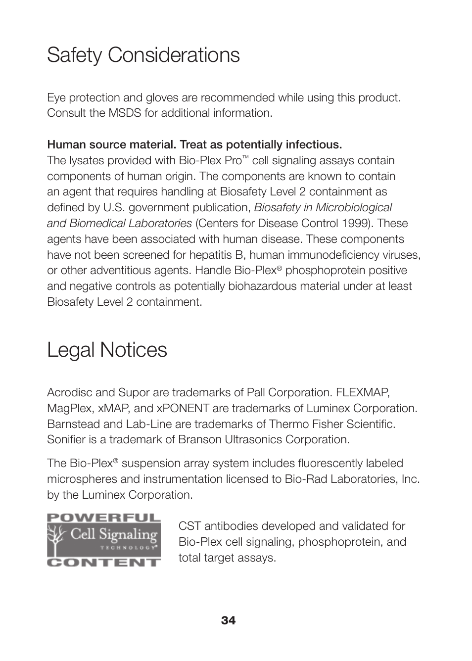 Safety considerations, Legal notices | Bio-Rad Bio-Plex Pro™ Magnetic Cell Signaling Assays User Manual | Page 36 / 38