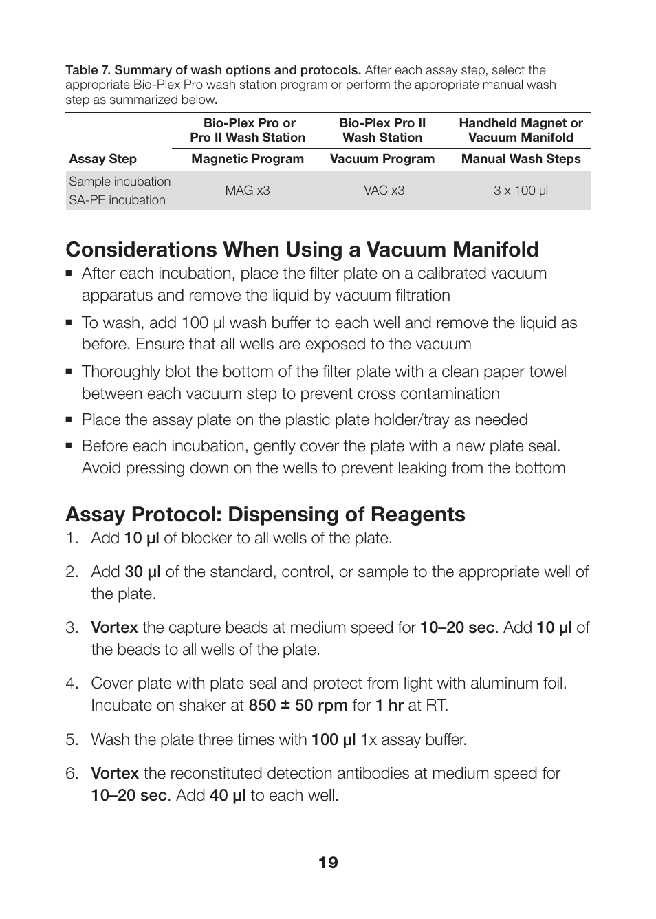 Considerations when using a vacuum manifold, Assay protocol: dispensing of reagents | Bio-Rad Apoptosis Assays User Manual | Page 21 / 37