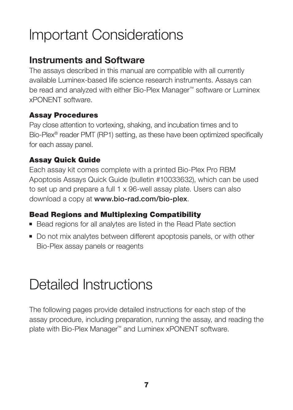 Lmportant considerations, Detailed instructions, Instruments and software | Bio-Rad Apoptosis Assays User Manual | Page 9 / 37