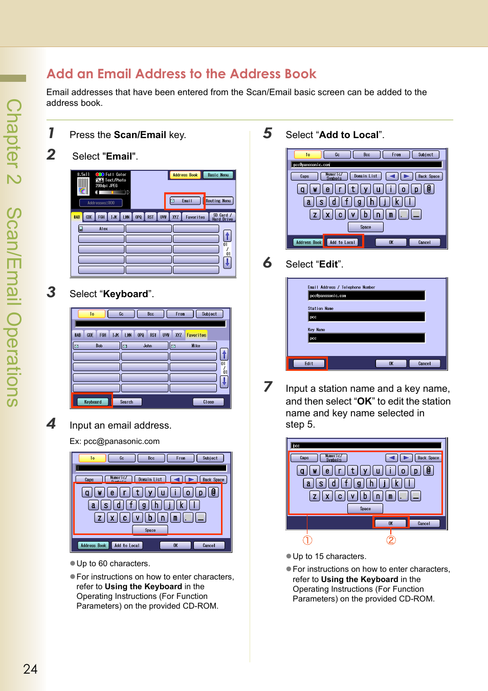 Add an email address to the address book, Chapter 2 scan/email operations | Black Box DP-C262 C322 User Manual | Page 24 / 54