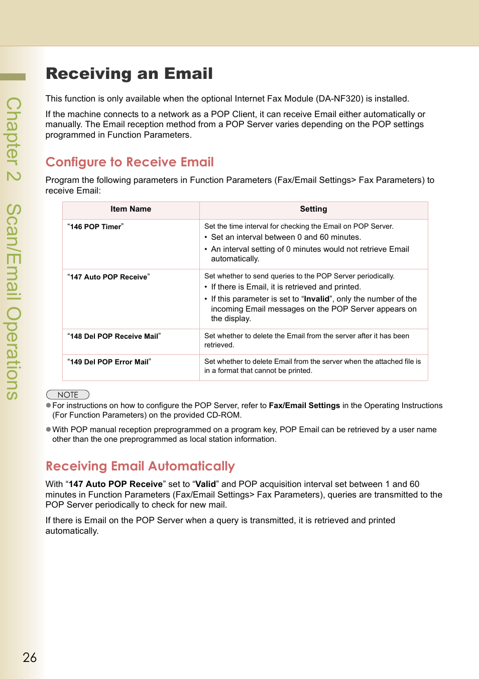 Receiving an email, Configure to receive email, Receiving email automatically | Chapter 2 scan/email operations | Black Box DP-C262 C322 User Manual | Page 26 / 54