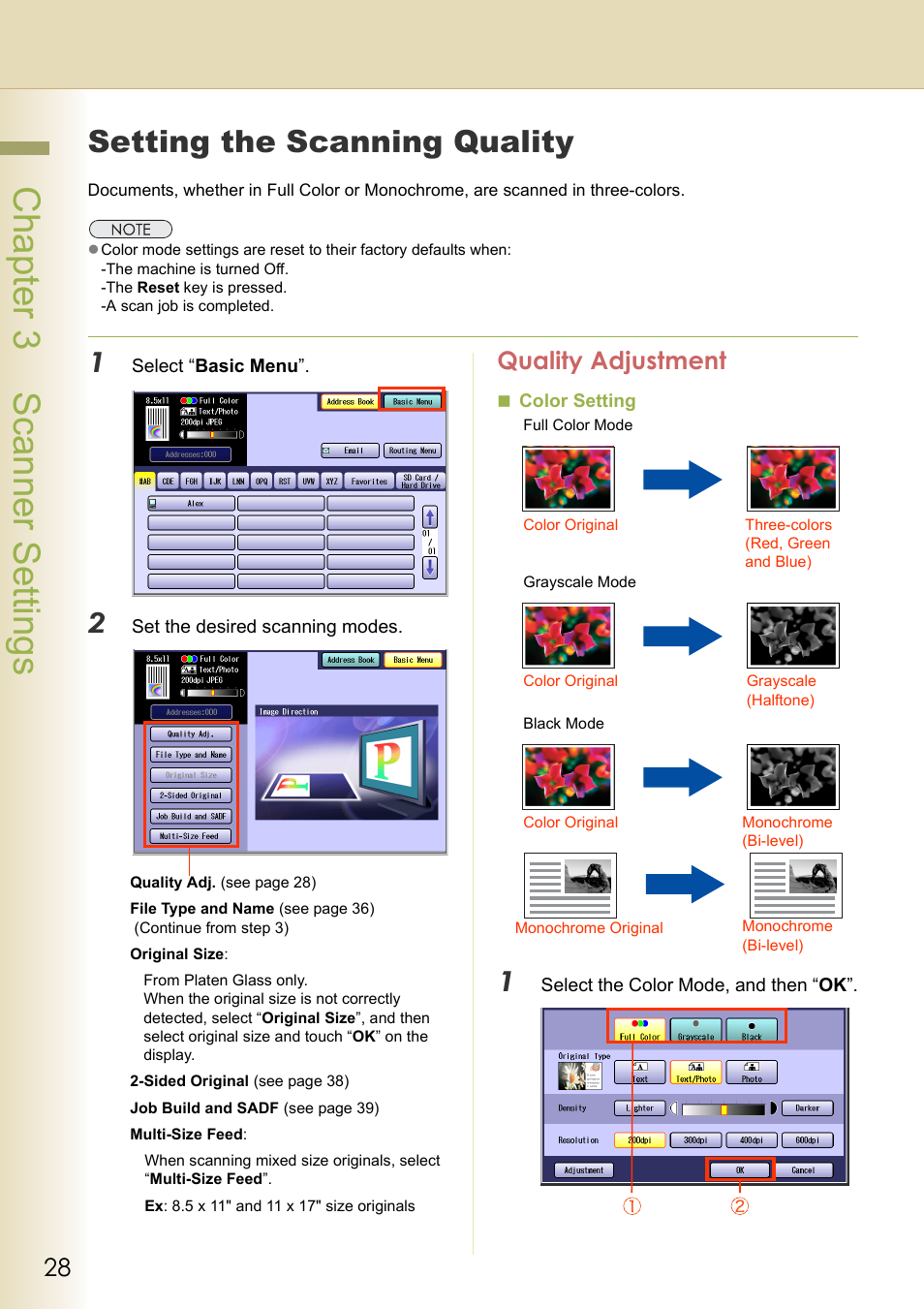Scanner settings, Setting the scanning quality, Quality adjustment | Chapter 3 scanner settings | Black Box DP-C262 C322 User Manual | Page 28 / 54