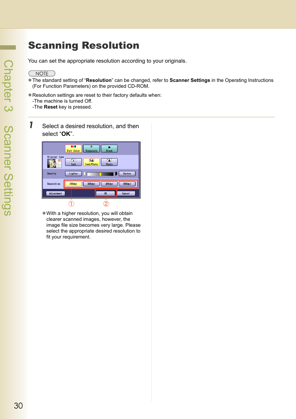 Scanning resolution, Chapter 3 scanner settings | Black Box DP-C262 C322 User Manual | Page 30 / 54