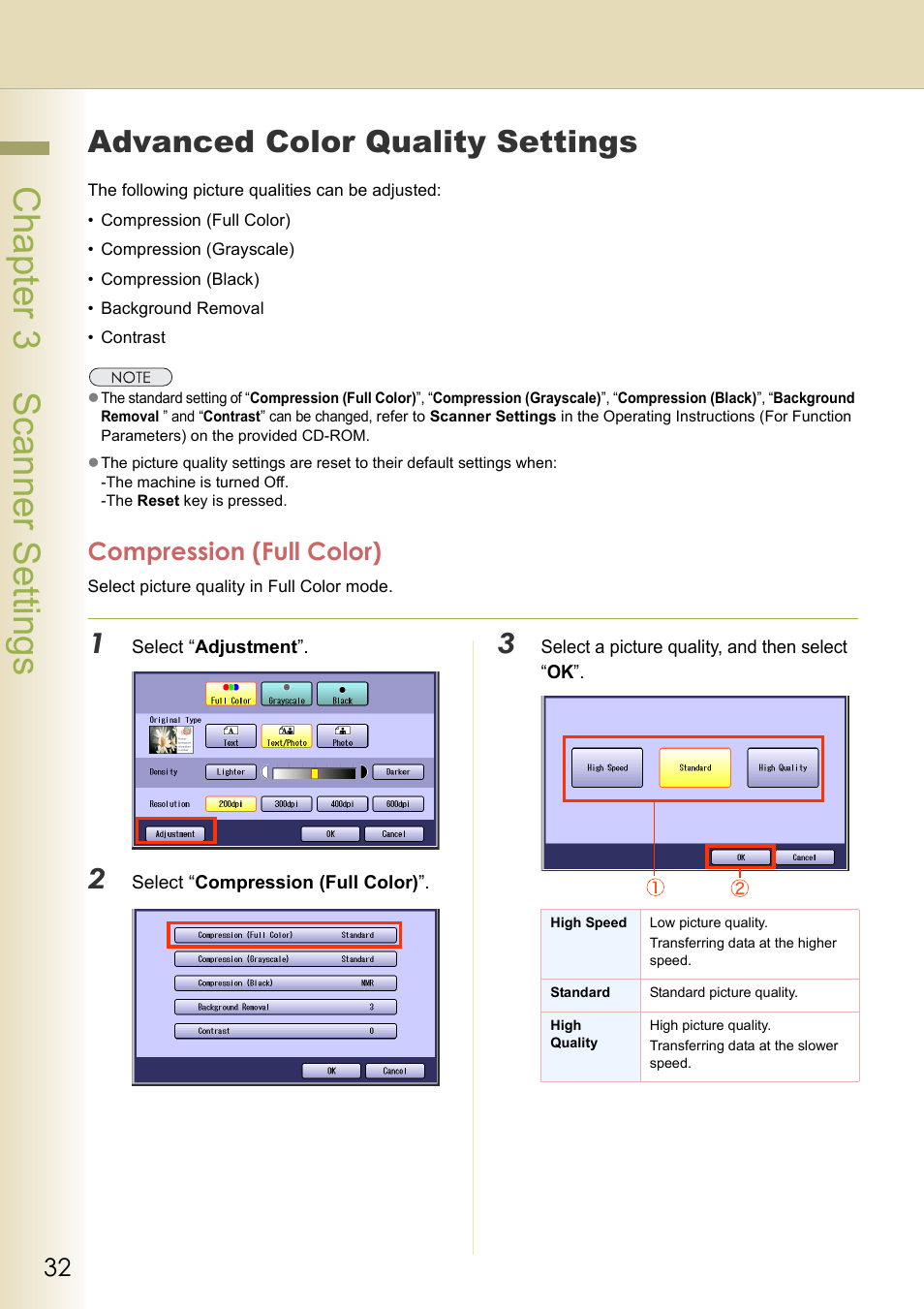 Advanced color quality settings, Compression (full color), Chapter 3 scanner settings | Black Box DP-C262 C322 User Manual | Page 32 / 54