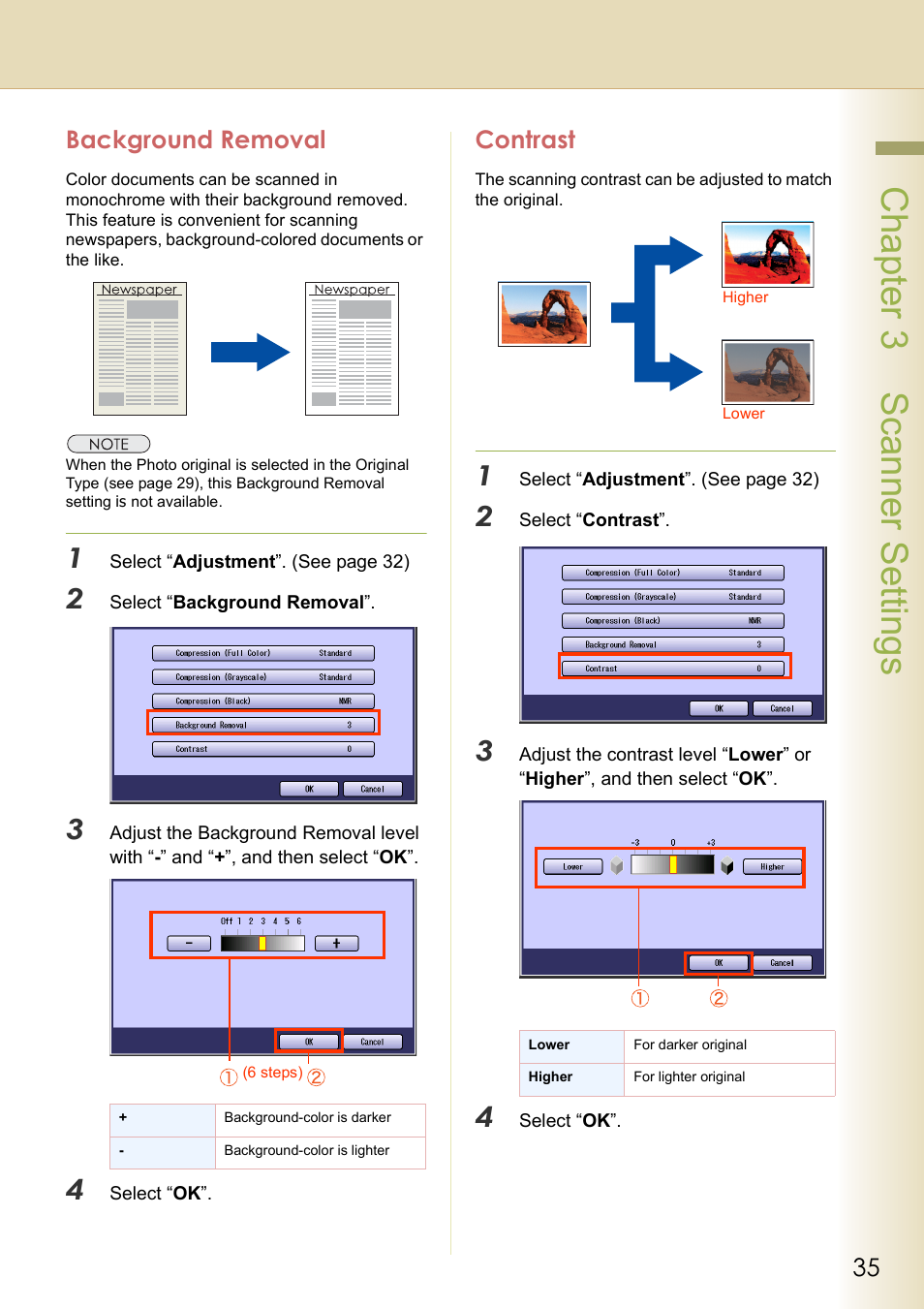 Background removal, Contrast, Chapter 3 scanner settings | Black Box DP-C262 C322 User Manual | Page 35 / 54