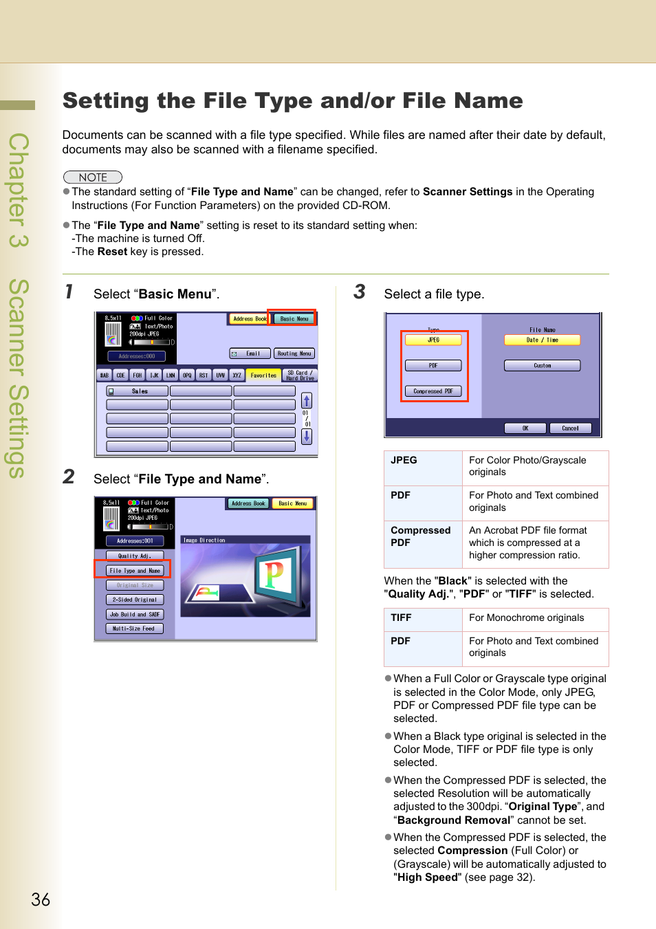 Setting the file type and/or file name, Chapter 3 scanner settings | Black Box DP-C262 C322 User Manual | Page 36 / 54