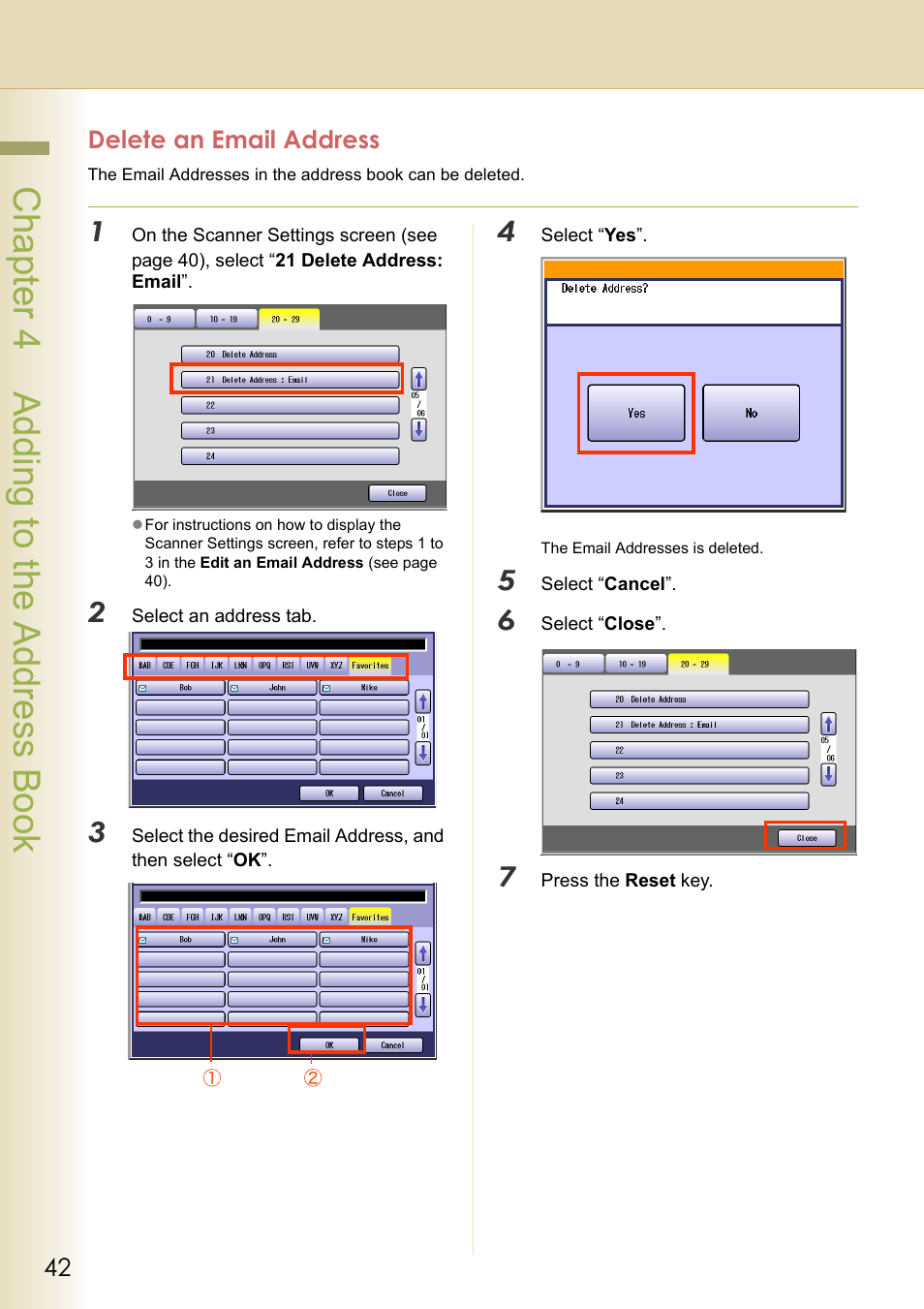 Delete an email address, Chapt er 4 a ddi ng to the address book | Black Box DP-C262 C322 User Manual | Page 42 / 54