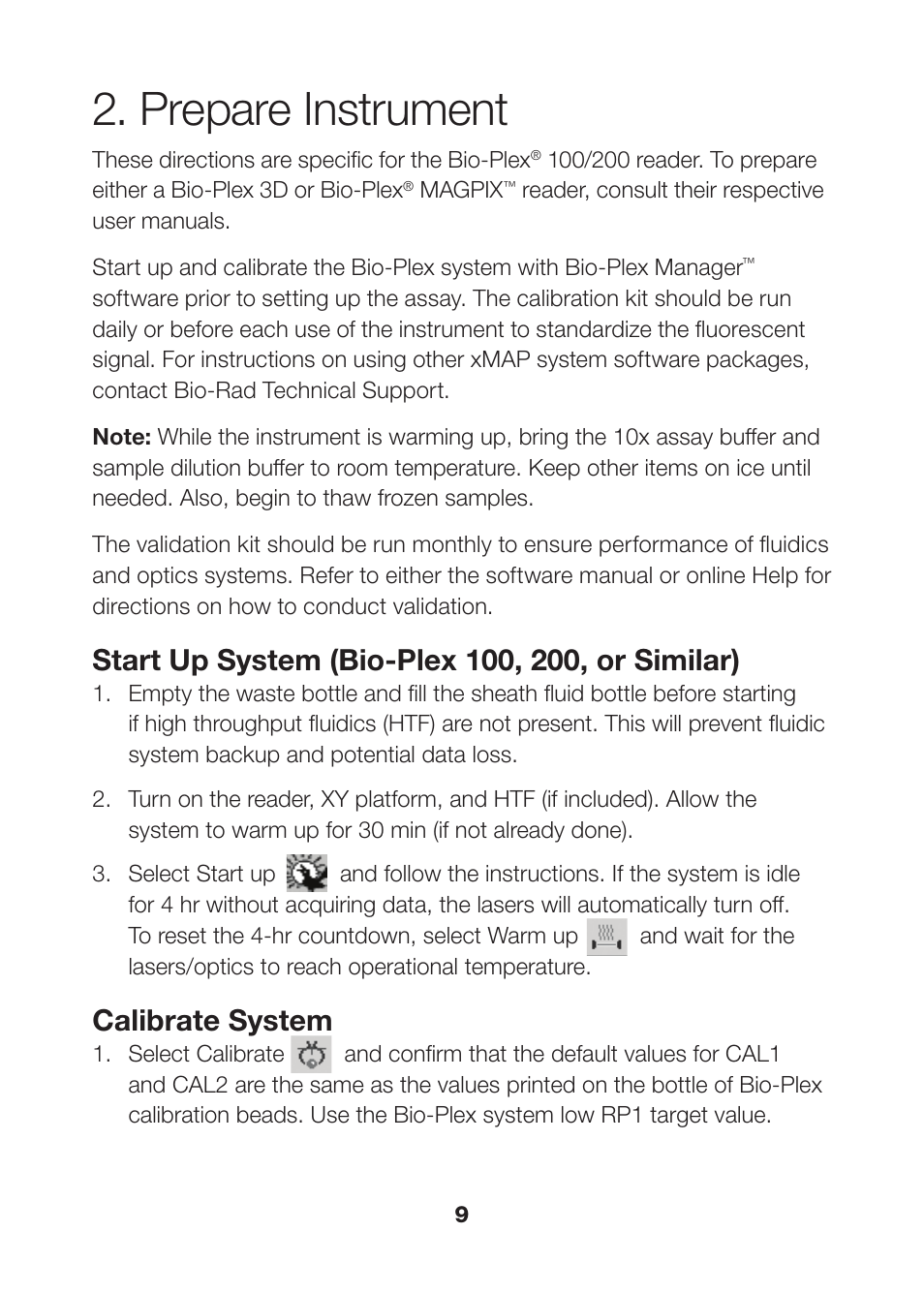Prepare instrument 9, Prepare instrument, Calibrate system | Bio-Rad Human Metabolic and Hormone Assays User Manual | Page 11 / 34
