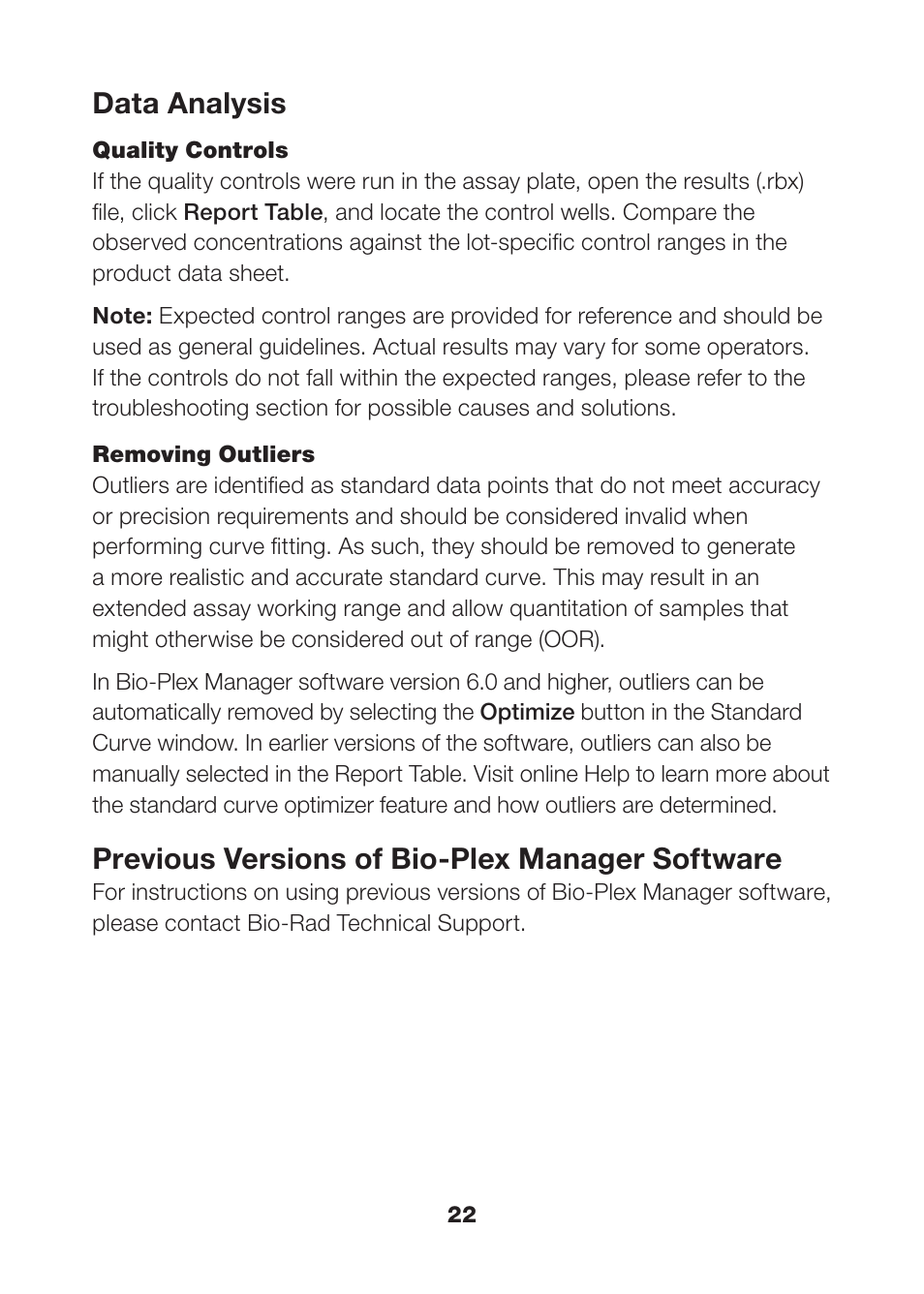 Data analysis, Previous versions of bio-plex manager software | Bio-Rad Human Metabolic and Hormone Assays User Manual | Page 24 / 34