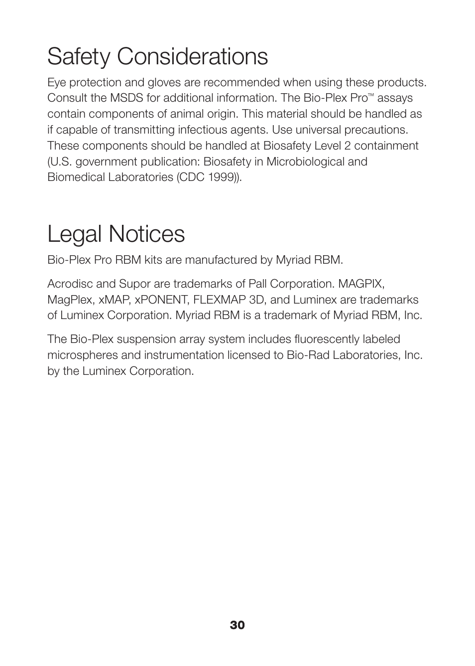 Safety considerations, Legal notices | Bio-Rad Human Metabolic and Hormone Assays User Manual | Page 32 / 34