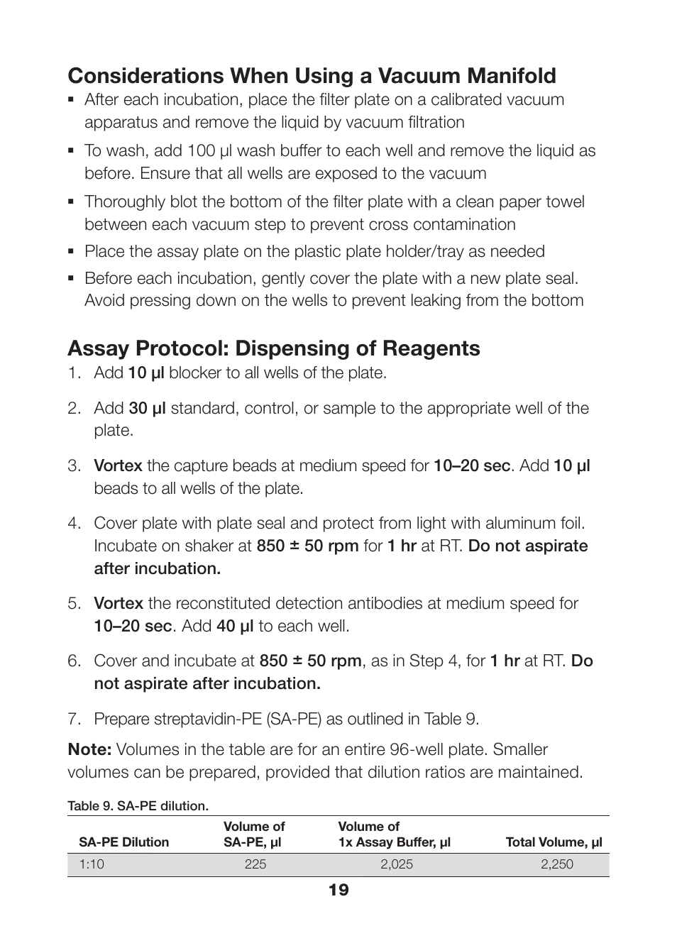 Run the assay 18, Considerations when using a vacuum manifold, Assay protocol: dispensing of reagents | Bio-Rad Human Metabolic and Hormone Assays User Manual | Page 21 / 36