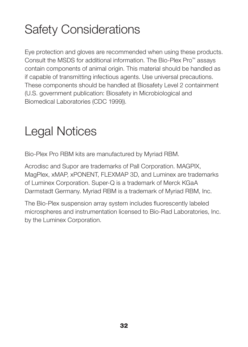 Safety considerations, Legal notices | Bio-Rad Human Metabolic and Hormone Assays User Manual | Page 34 / 36