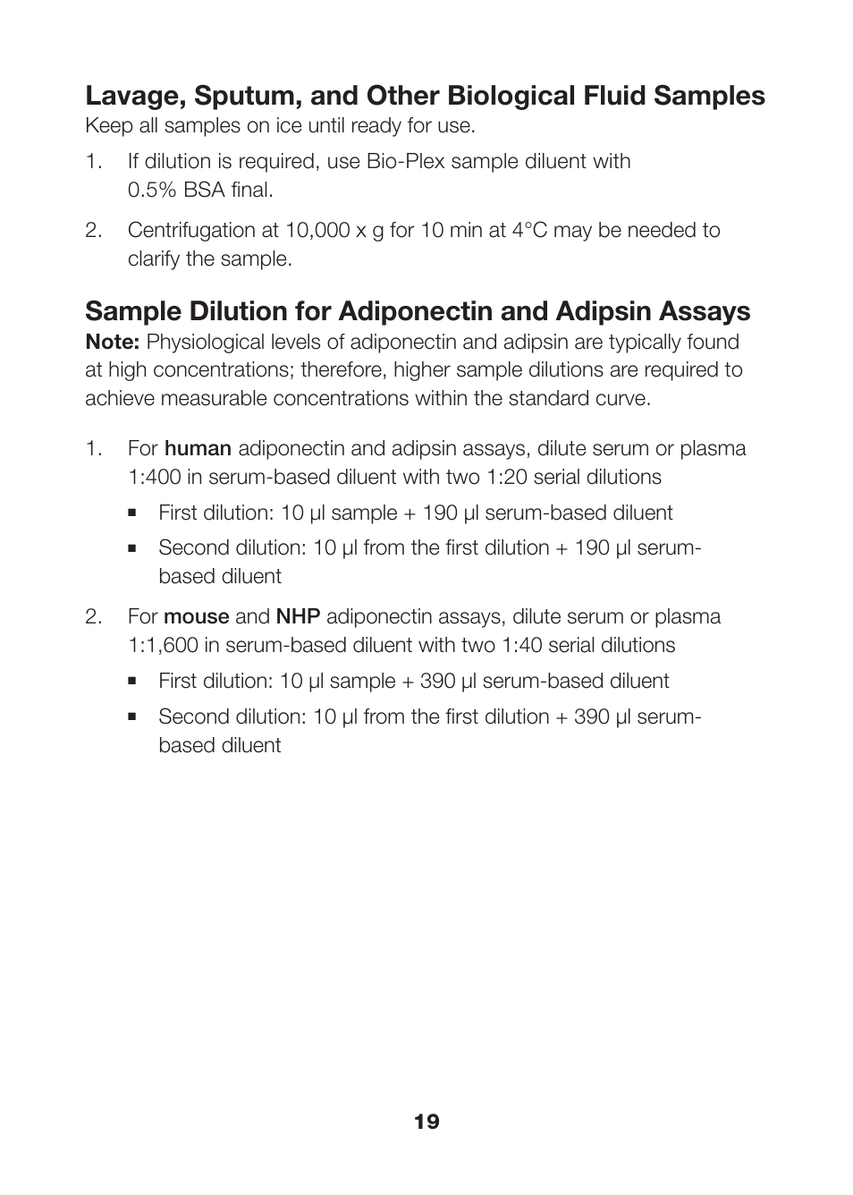 Lavage, sputum, and other biological fluid samples, Sample dilution for adiponectin and adipsin assays | Bio-Rad Rat Diabetes Assays User Manual | Page 21 / 50