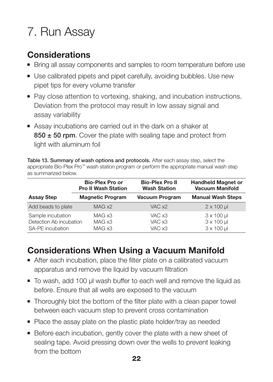 Run assay, Run assay 22, Considerations | Considerations when using a vacuum manifold | Bio-Rad Rat Diabetes Assays User Manual | Page 24 / 50
