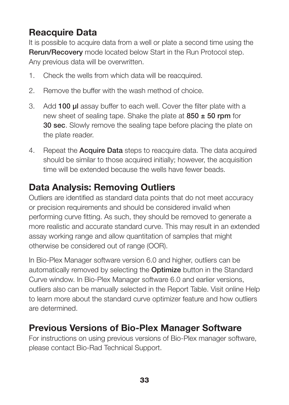 Reacquire data, Data analysis: removing outliers, Previous versions of bio-plex manager software | Bio-Rad Rat Diabetes Assays User Manual | Page 35 / 50