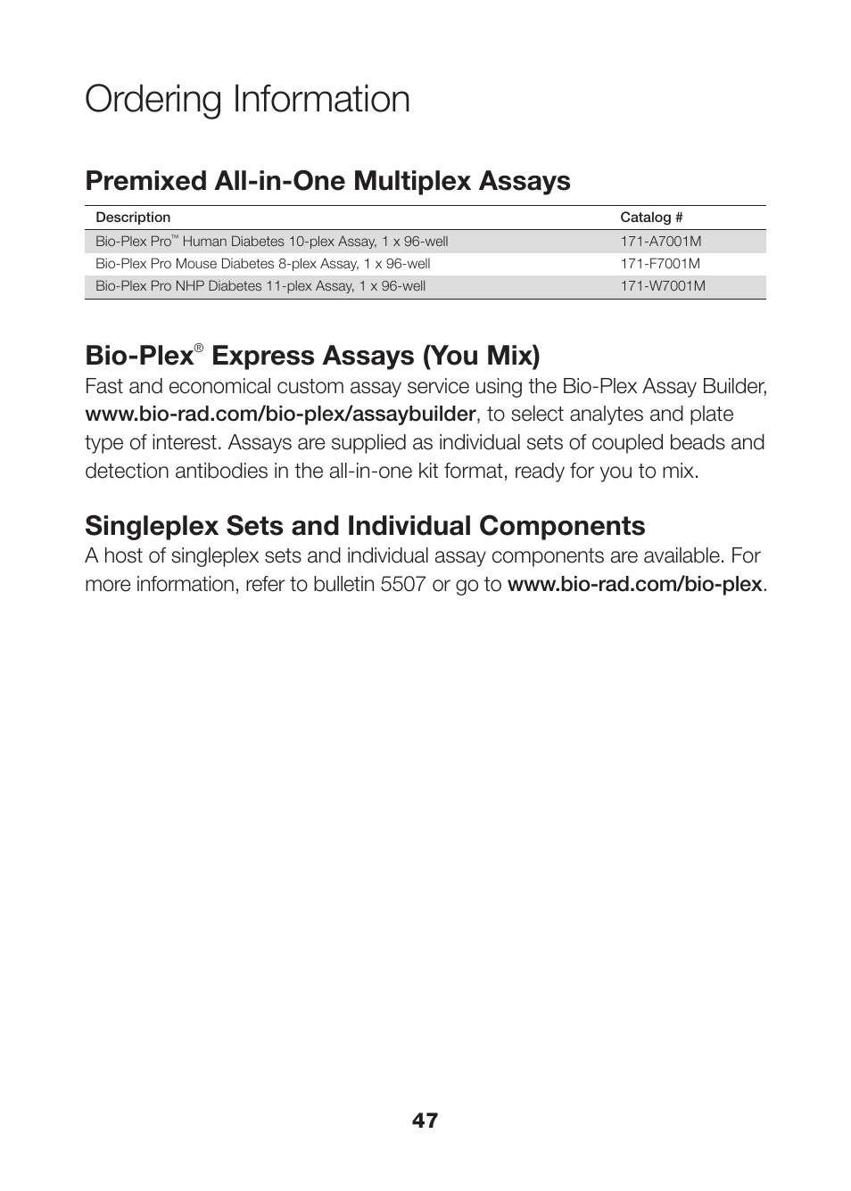 Ordering information, Premixed all-in-one multiplex assays bio-plex, Express assays (you mix) | Singleplex sets and individual components | Bio-Rad Rat Diabetes Assays User Manual | Page 49 / 50