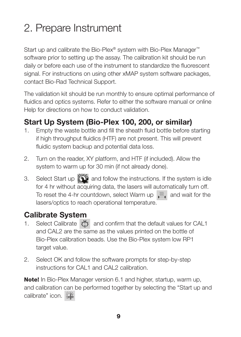 Prepare instrument, Prepare instrument 9, Calibrate system | Bio-Rad Bio-Plex Pro™ Human Cancer Biomarker Assays User Manual | Page 11 / 42